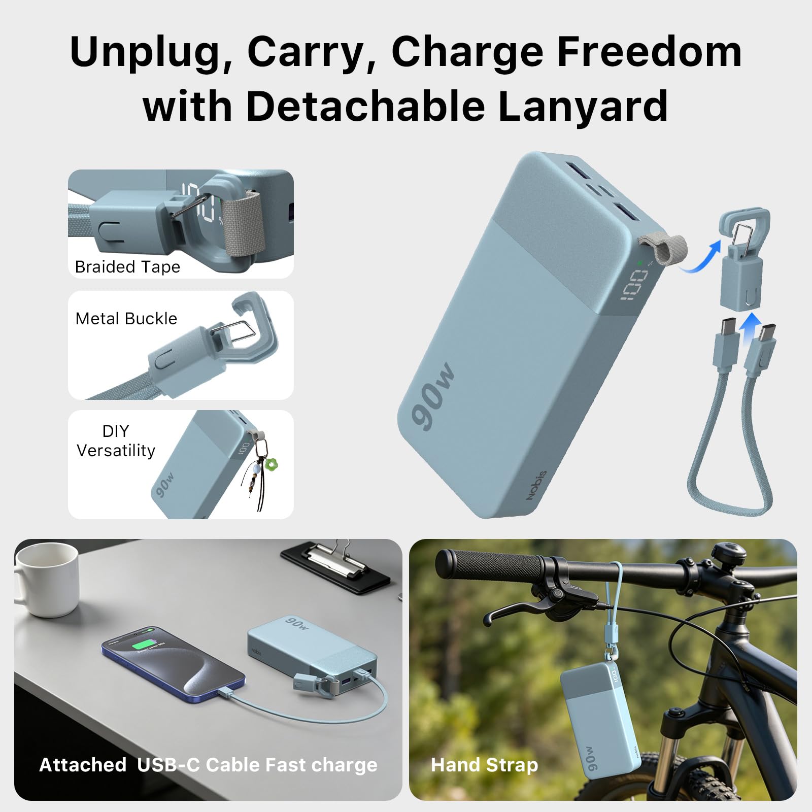 NOBIS Power Bank 90W 20000mAh, cavo USB-C rimovibile per MacBook Pad Phone | 2 USB-C (In/Out), 2 USB-A, Display Digitale, ideale per notebook, lavoro, viaggi, campeggio e smart working