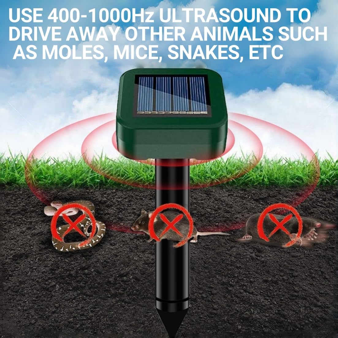 Dissuasori per Topi, Ultrasuoni per Topi da esterno 4 Pezzi, Repellente per Talpe, Ultrasuoni per Talpe, Dissuasori per Serpenti, Dissuasore Solare per Giardino e Campeggioi - 3