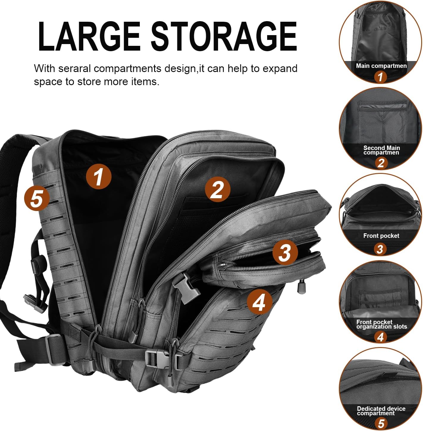 40L Tactical Backpack, Camouflage Military Bug Out Bag, Durable MOLLE Hiking Camping Gear (BLACK) - Image 5