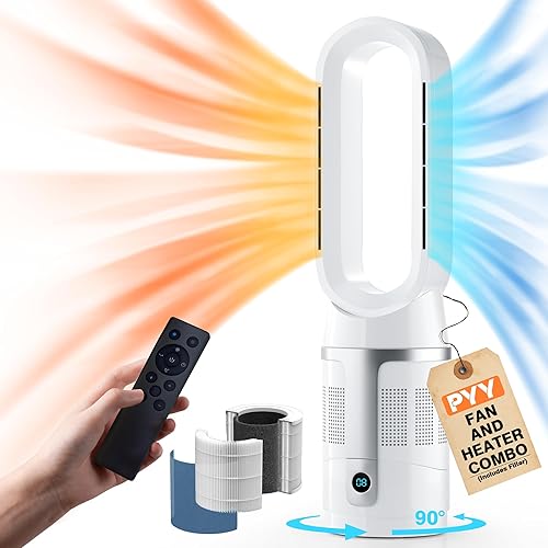PYY Combo de calentador y ventilador ventilador de torre sin aspas y calentador con filtro, con 8 velocidades, control remototáctil, uso durante
