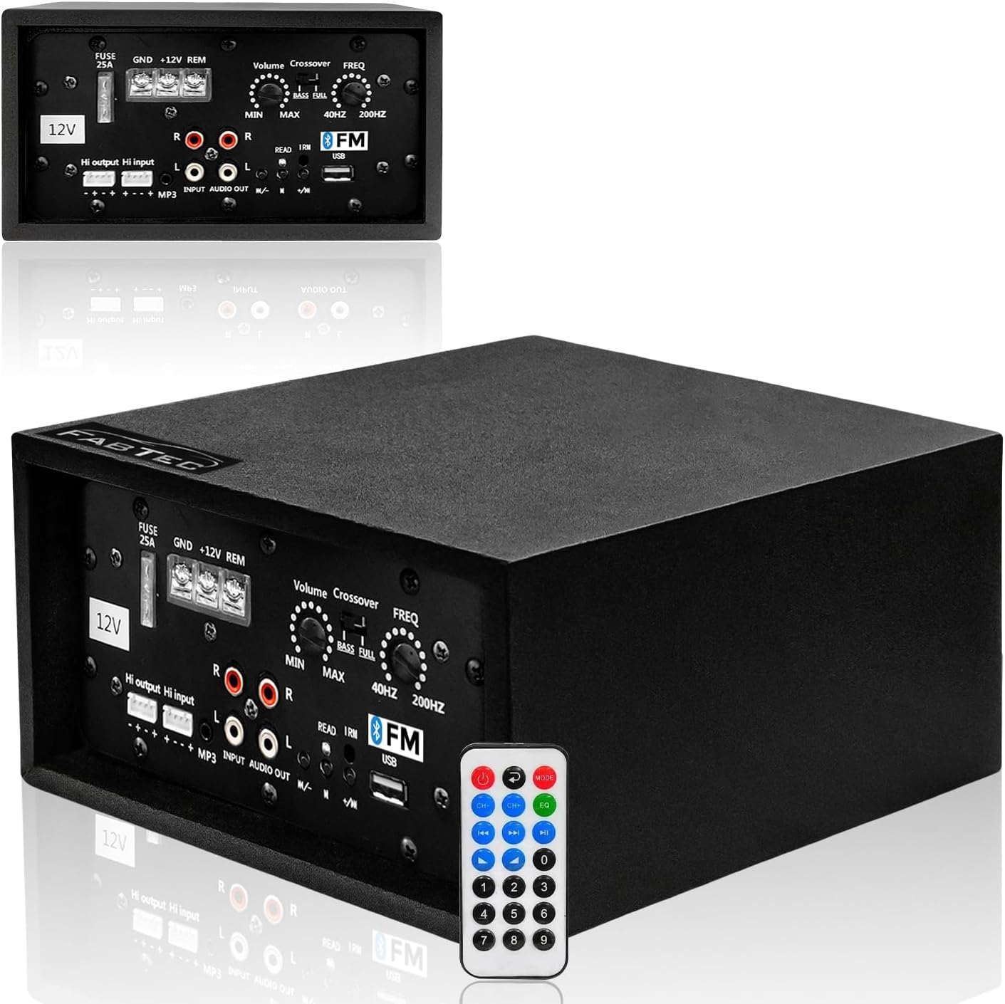 FABTEC 12V 120W Dual Channel Car Amplifier Bluetooth, USB, FM Support | Stereo Audio Amplifier with Bass Booster, Sound Processor, Wireless Connectivity