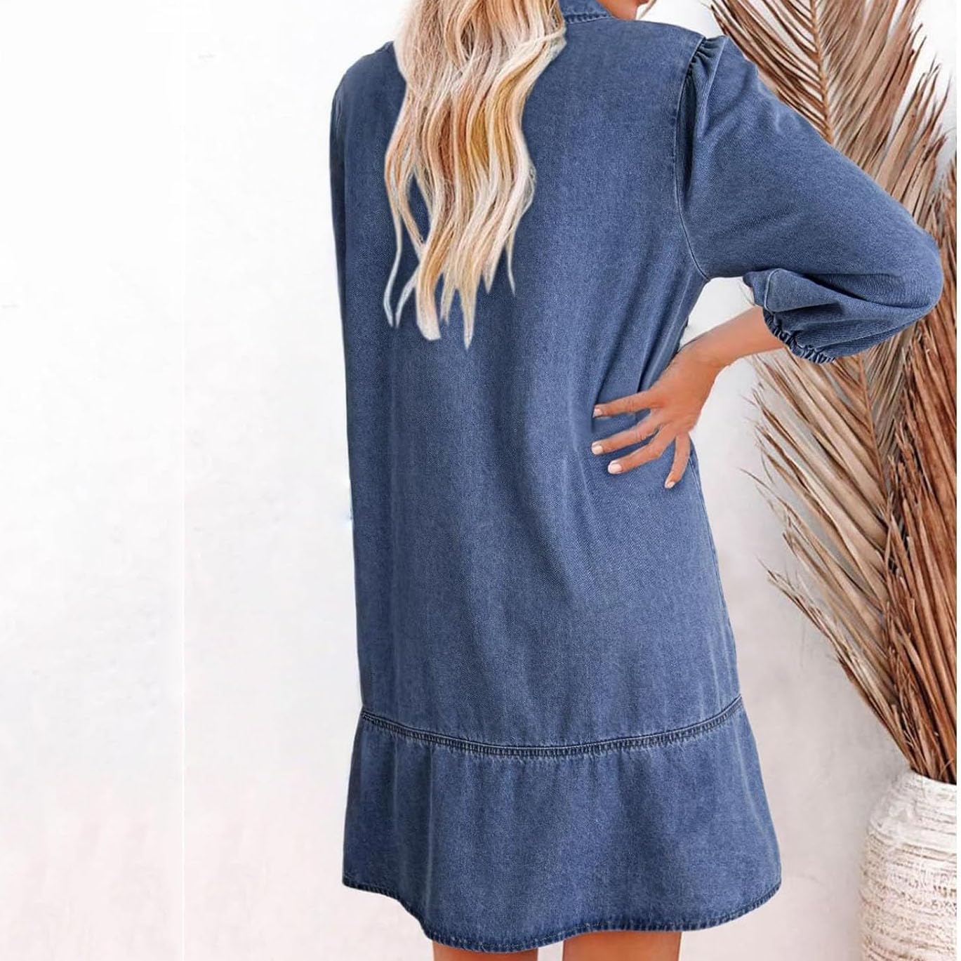 Vestido Vaquero con Capas, Cuello en V y Mangas abullonadas para Mujer, Vestidos Vaqueros con Volantes y Mangas 3/4, Vestido Vaquero Camisero Holgado de Verano con Bolsillos. (Denim Blue,L)