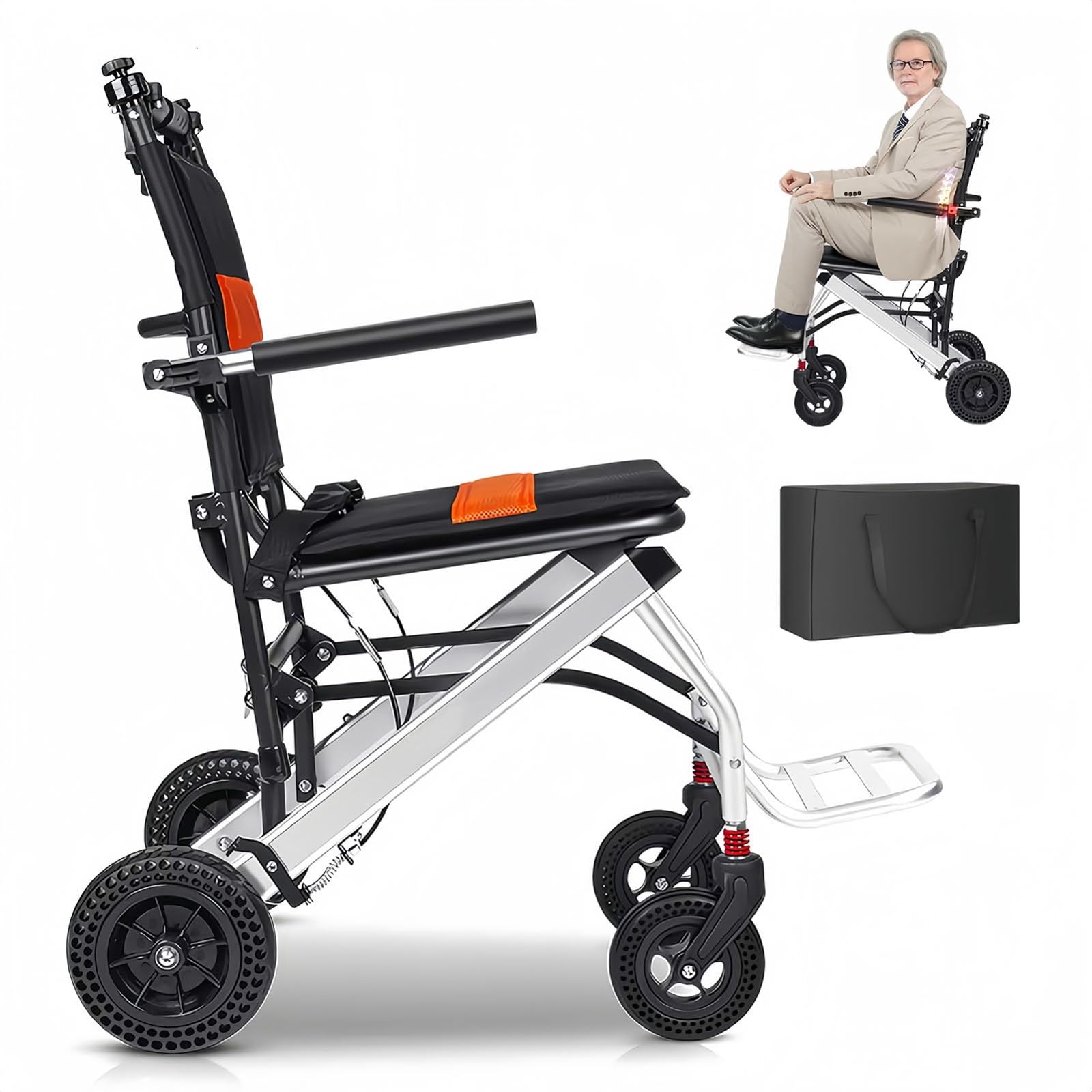 Silla Ruedas Pequeña Silla Ruedas Viaje Ligera y Plegable, Sillas de Ruedas Aluminio Sillas RuedasTransporte con Bolsas de Transporte para el hogar y Las Vacaciones A