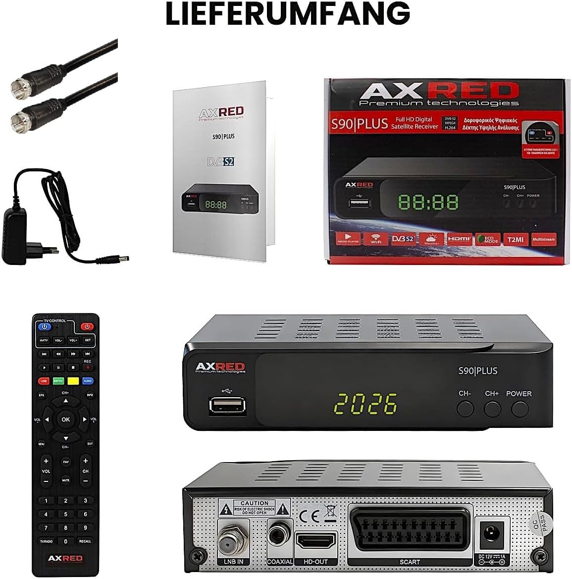 [ Test MOLTO BUONO, Note 1.1 *] AXRED S90 Plus HD ricevitore satellitare + cavo satellitare, con funzione di registrazione, compatibile HD, ricevitore satellitare digitale per parabola satellitare