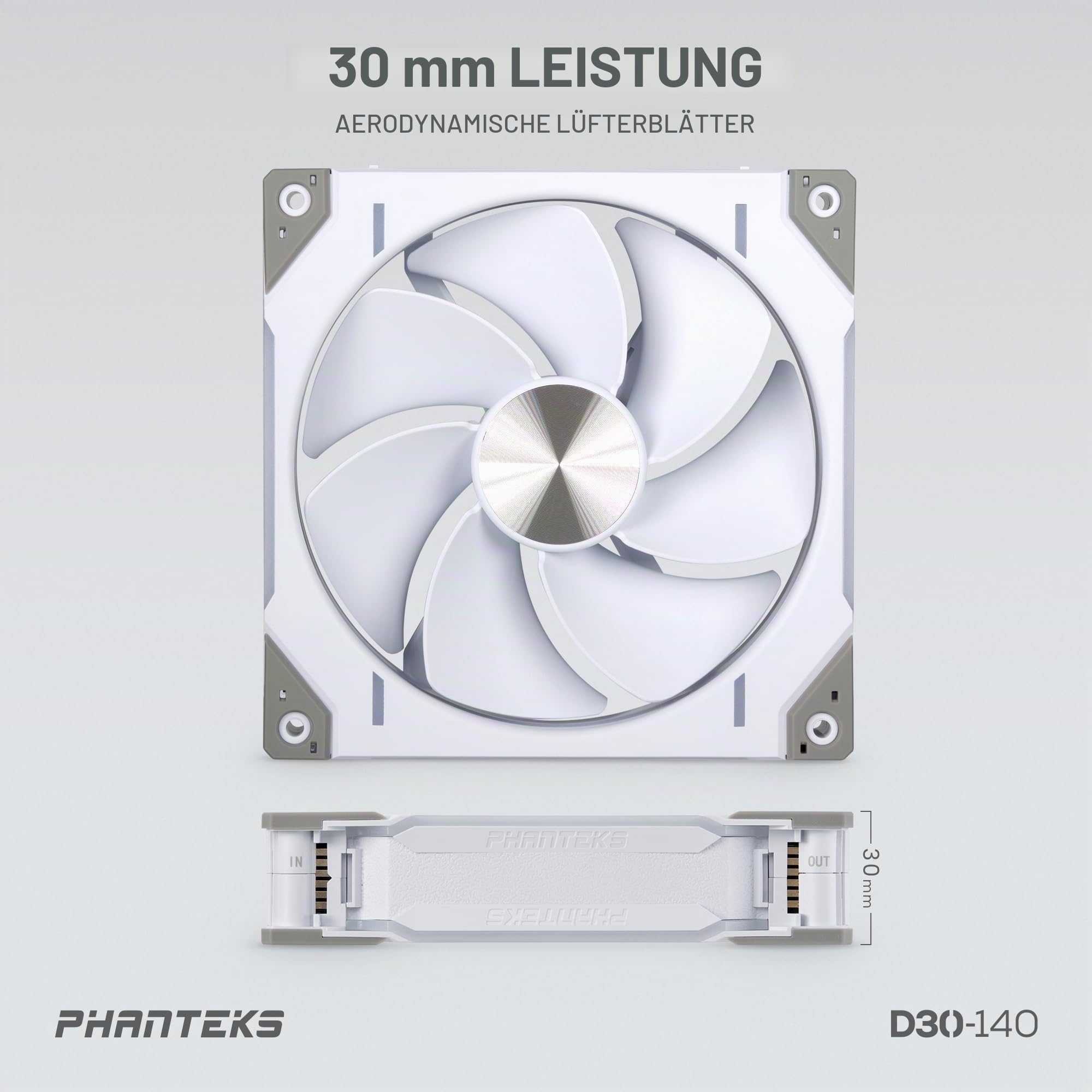 Phanteks D30-140 PWM D-RGB Lüfter Weiß | 140mm Gehäuselüfter, Reversed Airflow, ARGB Beleuchtung, Daisy-Chain System, 30mm Tiefe