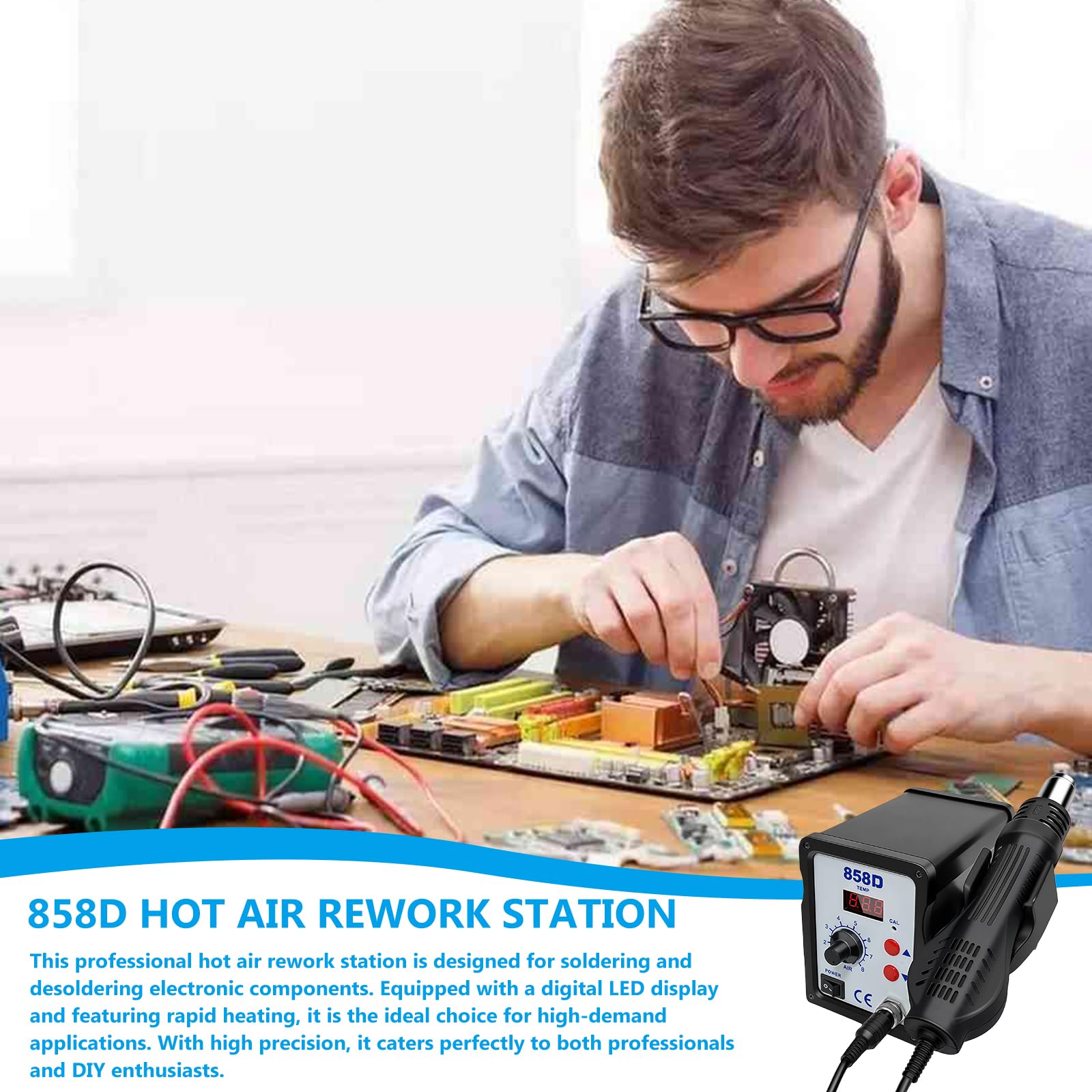 Stazione di saldatura ad aria calda 858D, 700 W, con display digitale, stazione dissaldante SMD, stazione di saldatura ad aria calda con temperatura regolabile 100 – 450 °C, 3 ugelli, funzione di