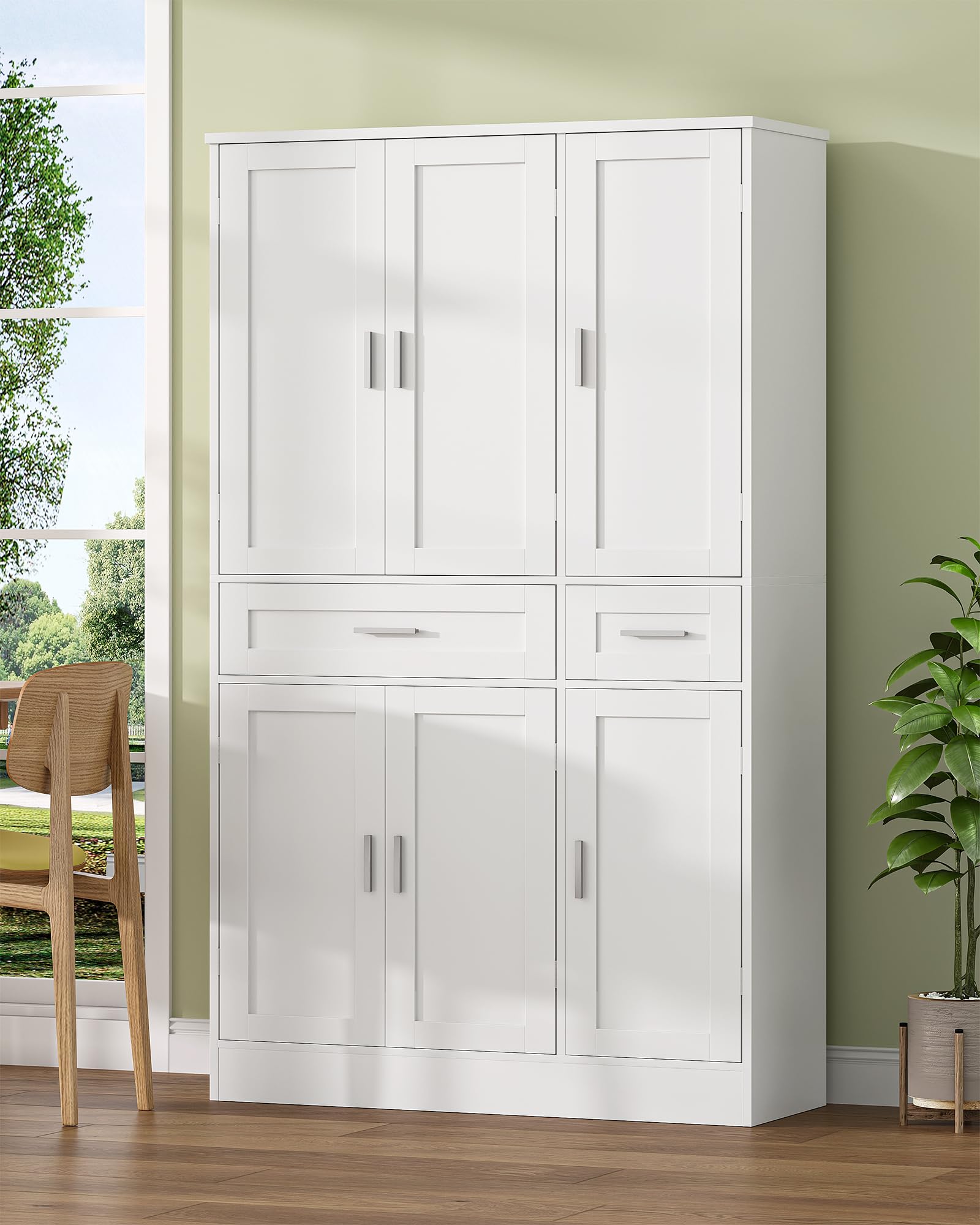 Hzuaneri Buffetschrank, Küchenschrank mit 9-stufigem Türrückseiten-Regalsystem, Sideboard mit 6 Türen und 2 Großer Schublade, Modern Stil, Küche, Wohnzimmer, 40 x 92 x 180 cm, Weiß PT30003X