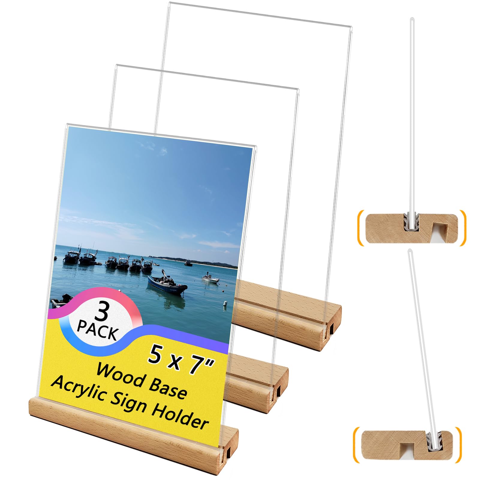 Wobodan 3 Pack Acrylic Sign Holder with Wood Base, L/T Shape Wood Sign Holder Vertical or Slant Back Display for Card, Wedding, Restaurant, Store,
