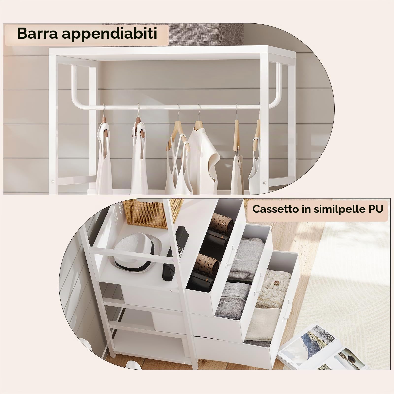 VOWNER Appendiabiti da Terra con Panca e 3 Cassetti, Mobile Ingresso Multifunzionale 60cm, Stand Appendiabiti con Barra e Scarpiera, Attaccapanni Salvaspazio Moderno per Corridoio e Camera, Bianco