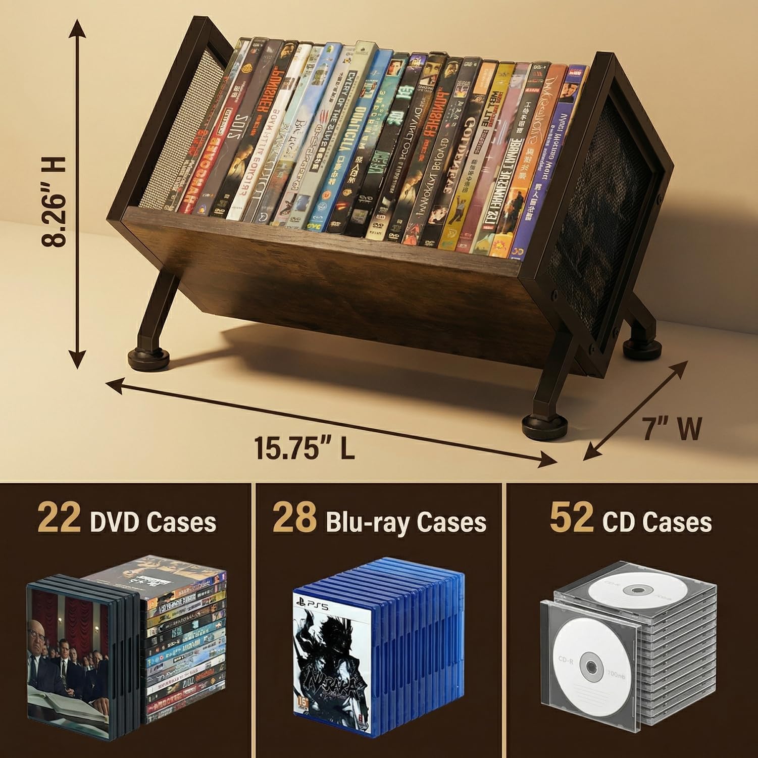 Scaffale per DVD con base a piede, 40 x 28 x 28 cm, per scrivania o armadio, organizer per CD, può contenere fino a 23 DVD o 36CD