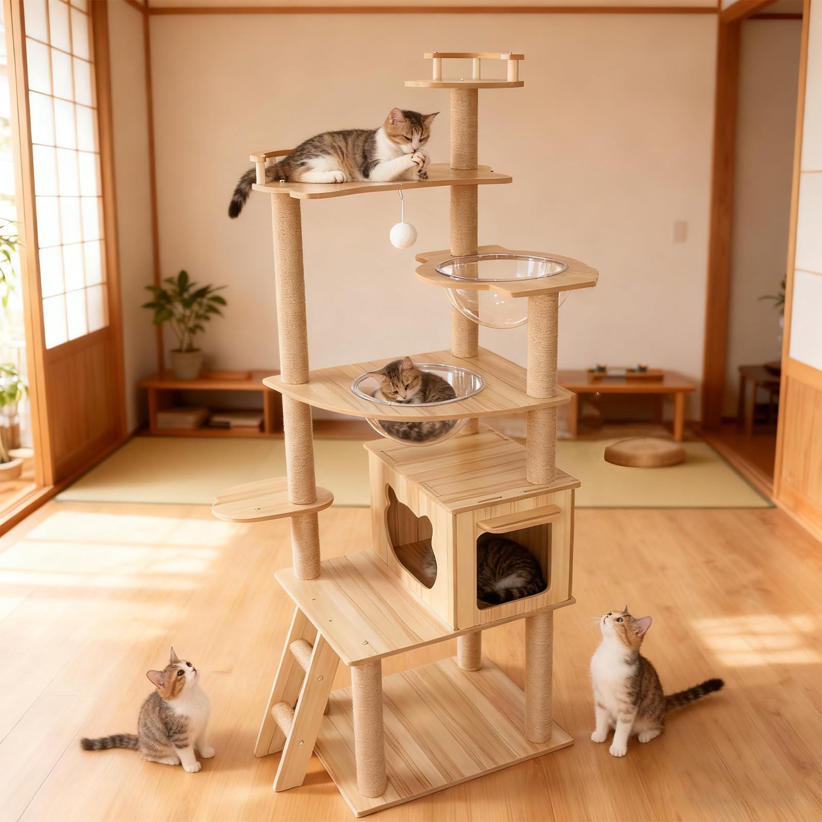 Amazon | キャットタワー 木製 170cm 6段宇宙船 猫タワー 大型猫5匹