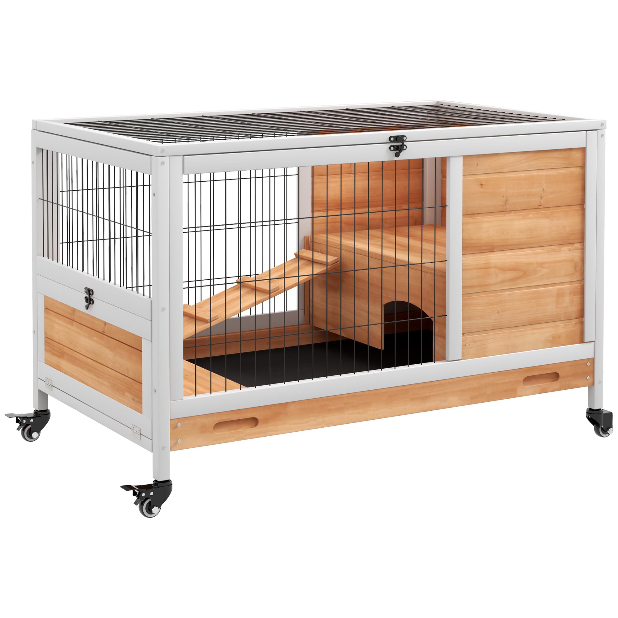 PawHut Jaula para Conejos de Madera Conejera para Mascotas Pequeñas Portátil Interior con Techo Abrible Rampa Bandeja Extraíble para Conejillos de Indias 90x53x59 cm Madera Natural