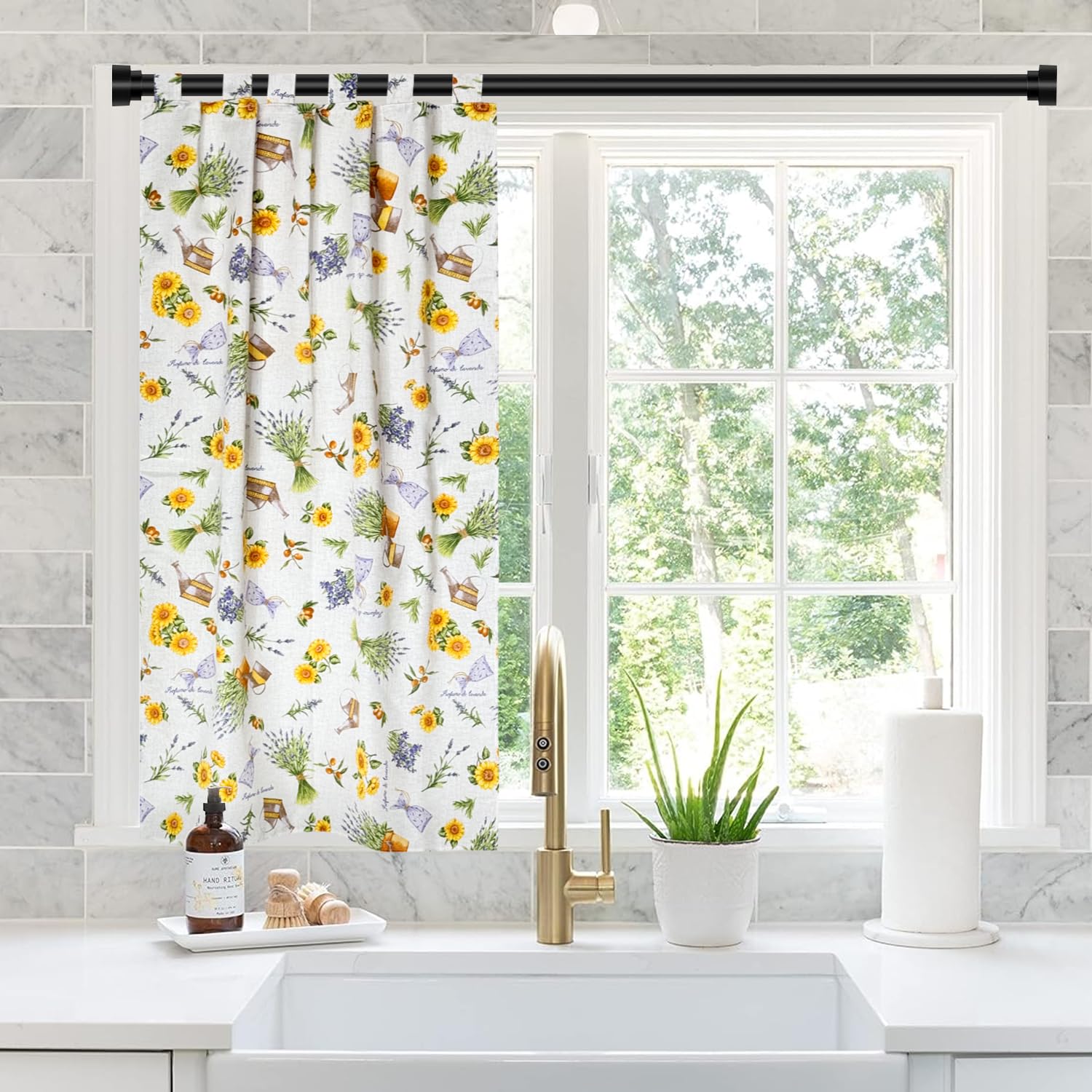 MORE FREE-Cortina Cocina de Estilo Español con Tirantes,Tela Opaca Máxima Privacidad para Comedor,50% Algodón 50% Poliester Girasol y Lavanda 90x145cm 1 Paneles