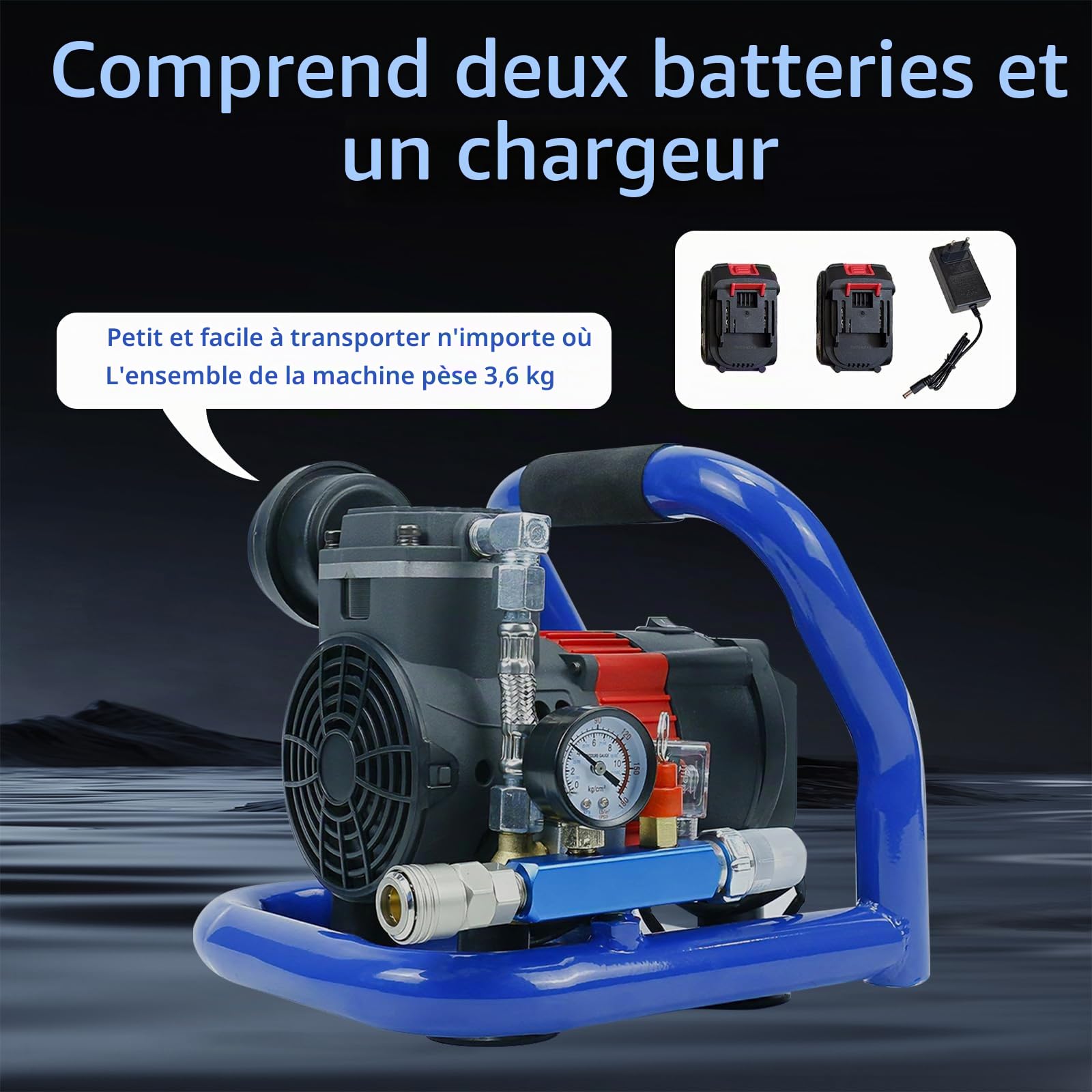 Compresseur Sans fil, Compresseur d'air Portable Pression Maximale 8 Bar, Capacité de Bouteille de Gaz de 1,5 L, Gonflage Rapide pour Outils Pneumatiques, Inclus Batterie e Chargeur