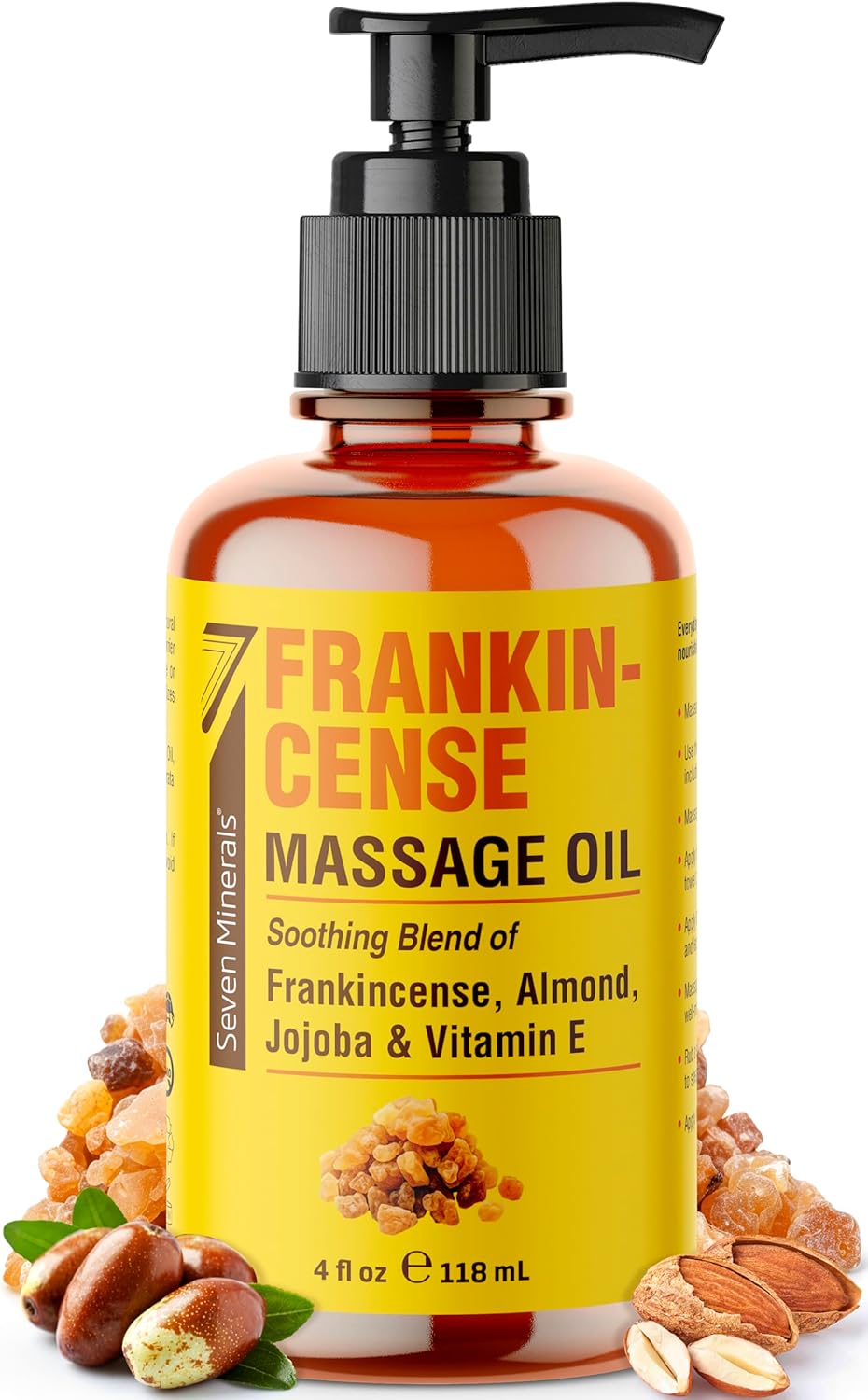 Seven Minerals Frankincense Massage Oil for Massage Therapy – 4oz – Ideal for Professional or at-Home Body Massage. Soothing Natural Blend of Almond, Jojoba & Vitamin E