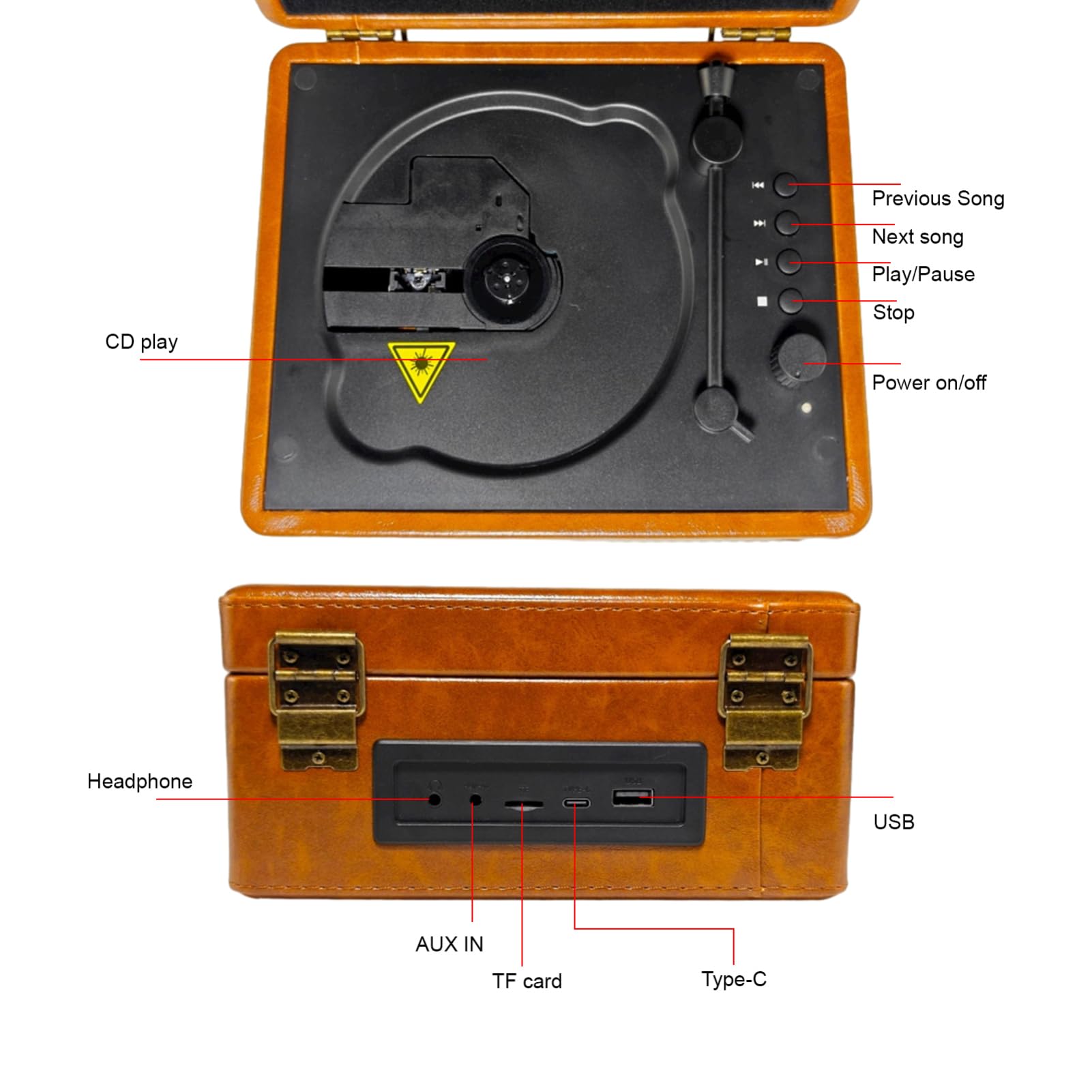 Gramofon CD, Wielofunkcyjna Tacka, Odtwarzacz Płyt BT 5.0, Odtwarzanie z Napędu USB, Pilot na podczerwień, 2 Wbudowane Głośniki, Bezprzewodowe Przesyłanie Muzyki (Khaki)