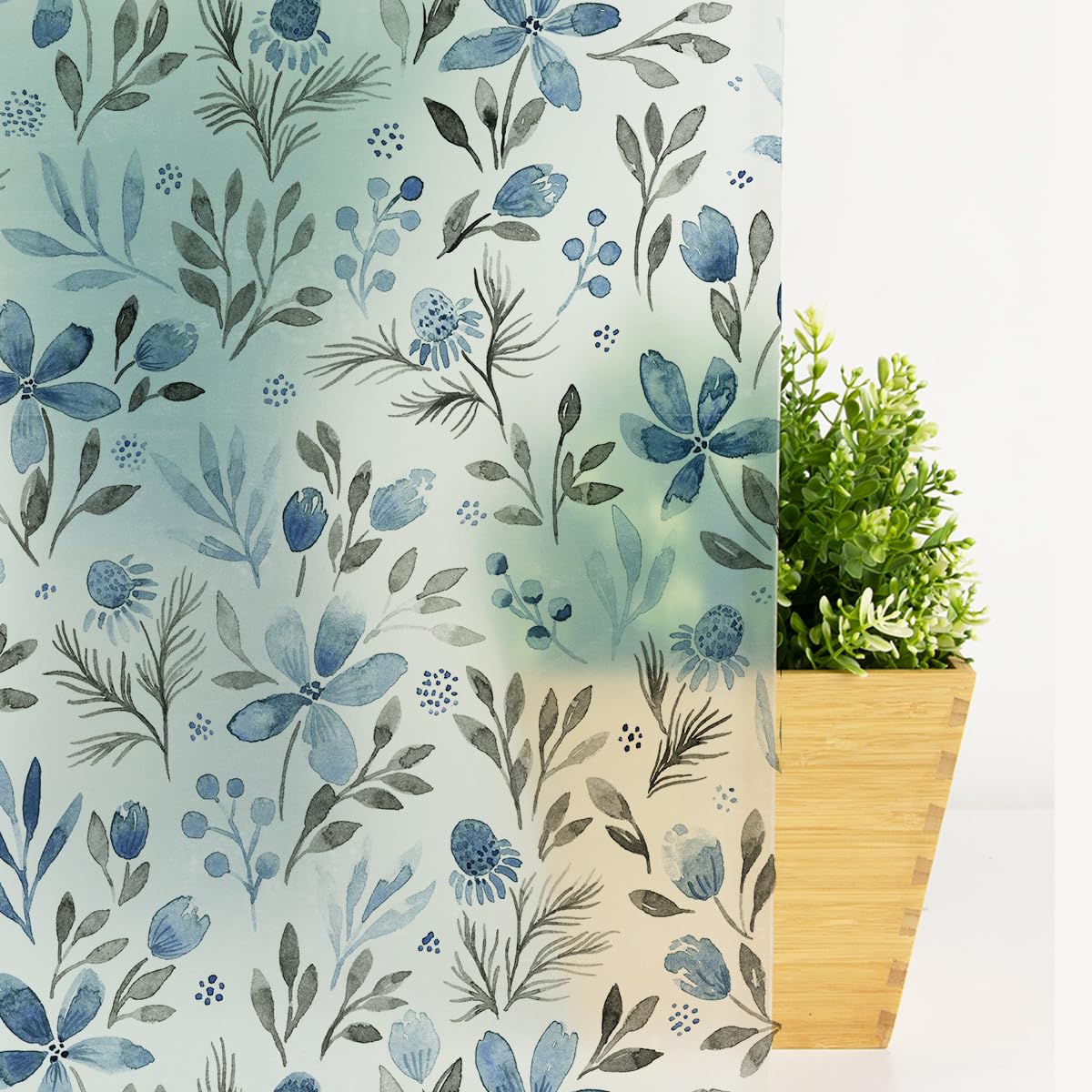 Milchglasfolie Graue Blaue Blätter Fensterfolie Selbstklebend Milchglasfolie Fenster Bad Fenster Sichtschutzfolie Fensterfolie Blickdicht Folie für Fenster Folie Fenster Sichtschutz 40x120cm/4 Pcs