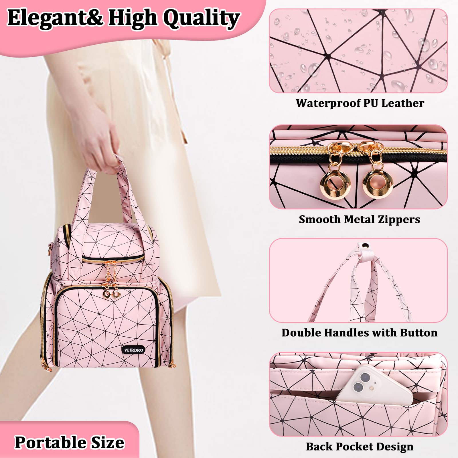 Veirdro Bolsa organizadora de esmalte de uñas, almacenamiento de hombro de piel sintética con 2 fundas extraíbles y lámpara de uñas, capacidad para 70 botellas, mochila de viaje portátil para