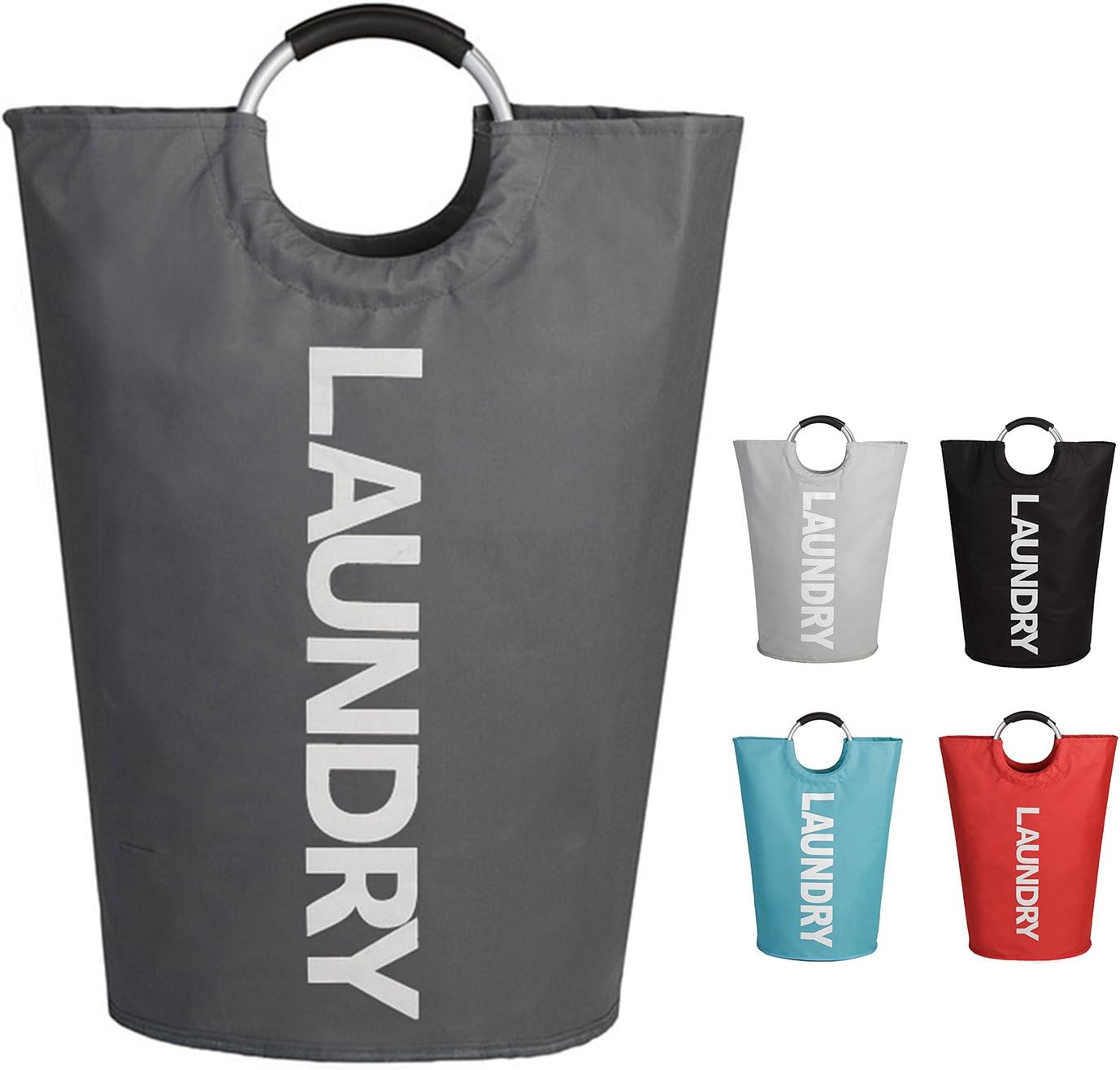 SHOUTW Laundry Bag Collapsible Laundry Basket Round Aluminum Handles for Easy to Carry Available in 5 Colors (Dark Grey)