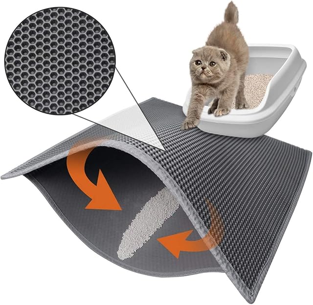 Techson Cat Litter Box Mat, Double Layer Honeycomb Design Trapping Pad, Easy Clean Washable Foldable Scatter Control (Grey, 38 x 61cm)