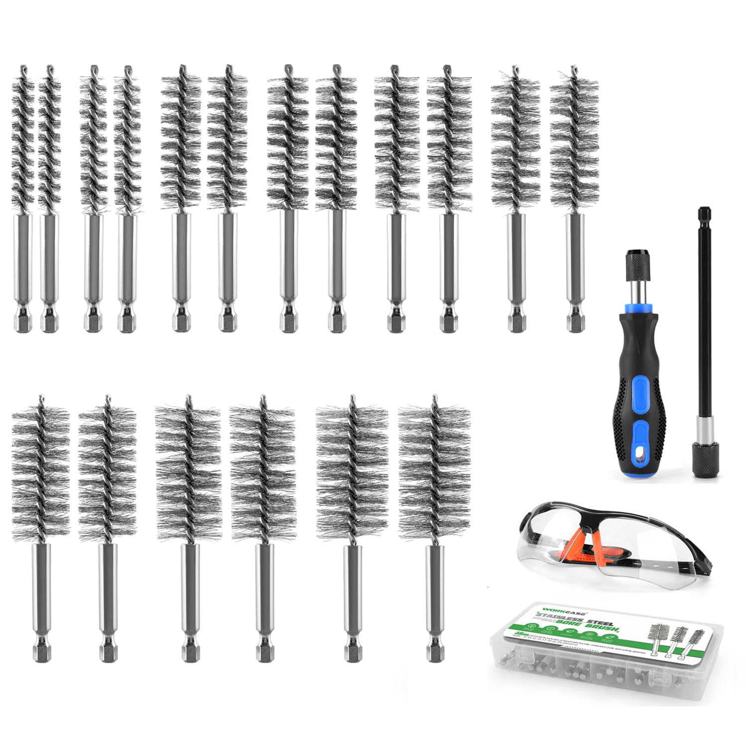 21PCS Bore Brush Set for Drill, Stainless Steel Round Wire Brushes, 9 Sizes (5/16’’-1-1/8’’) with 1/4" Hex Shank, Handle, 10mm Extension Bar, Goggles, Engine and Pipe Cleaning Brush Kit