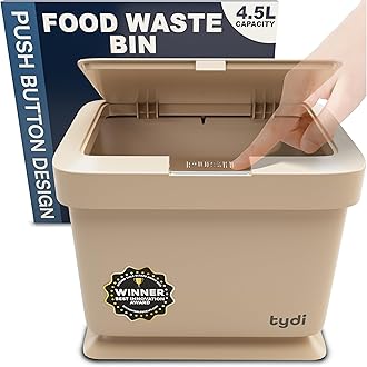 Tydi 4.5L Food Waste Bin with Press-Button Lid – Compost Bins for Kitchen - Anti-Slip Base and Secure Lid Kitchen Compost – Small Indoor Caddy for Cupboard or Countertop – Taupe