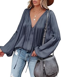 Womens Sexy Deep V Neck Blouse Lantern Long Sleeve Chiffon Shirt Oversized Drawstring Silk Satin Tunic