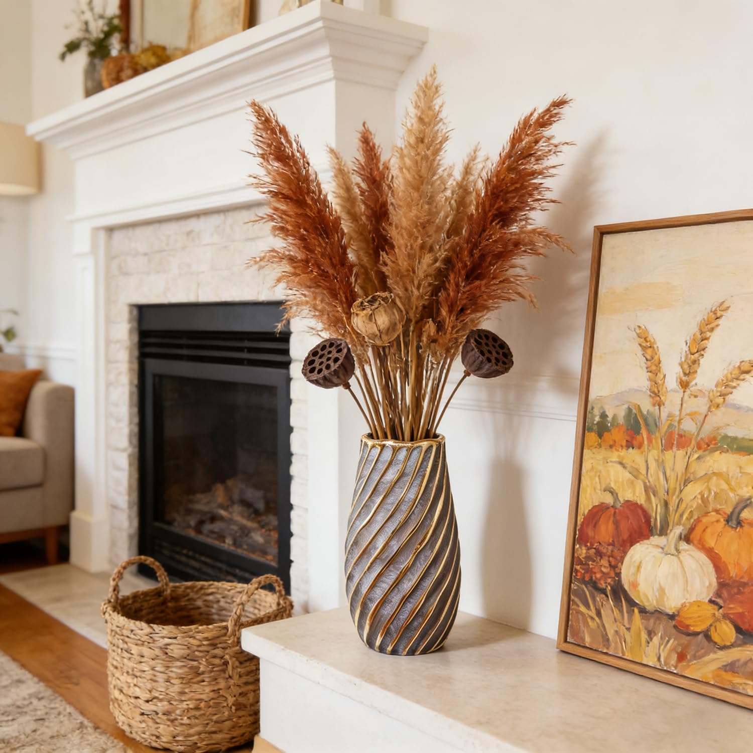 Matte Ceramic Vase with Electroplated Gold Spiral Patterns – Vintage & Rustic Country Style Flower Vase Home Decor.