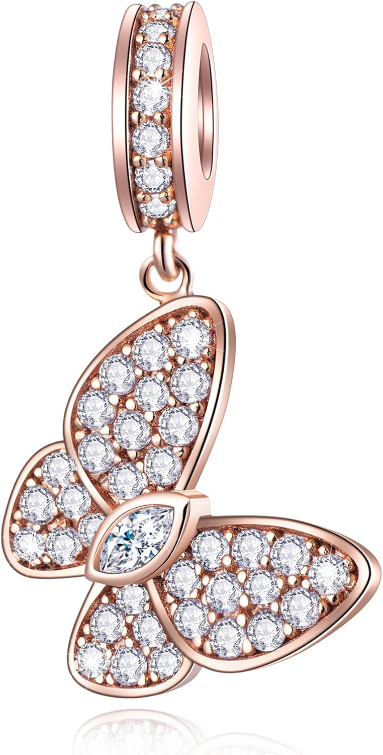 Butterfly Charm Sterling Silver Enameled Lucky Charm Bead Heart Shaped Dangel Pendant with Cubic Zirconia for Women Bracelets