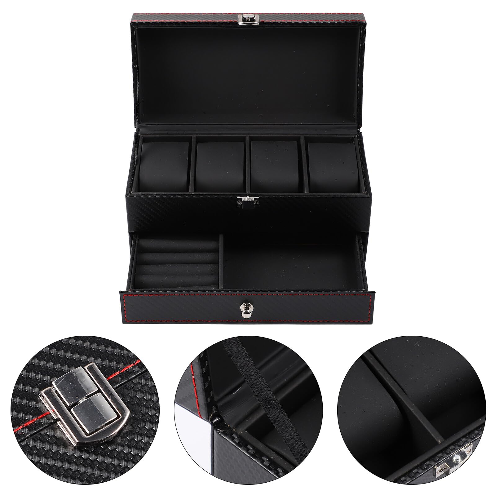 HEMOTON Boîte à Montres en Fibre de Carbone Noire Intérieur en Cuir Noir Coffret de Rangement pour Bijoux et Bagues Étui Compact pour Présentation et Protection Lors de Voyages