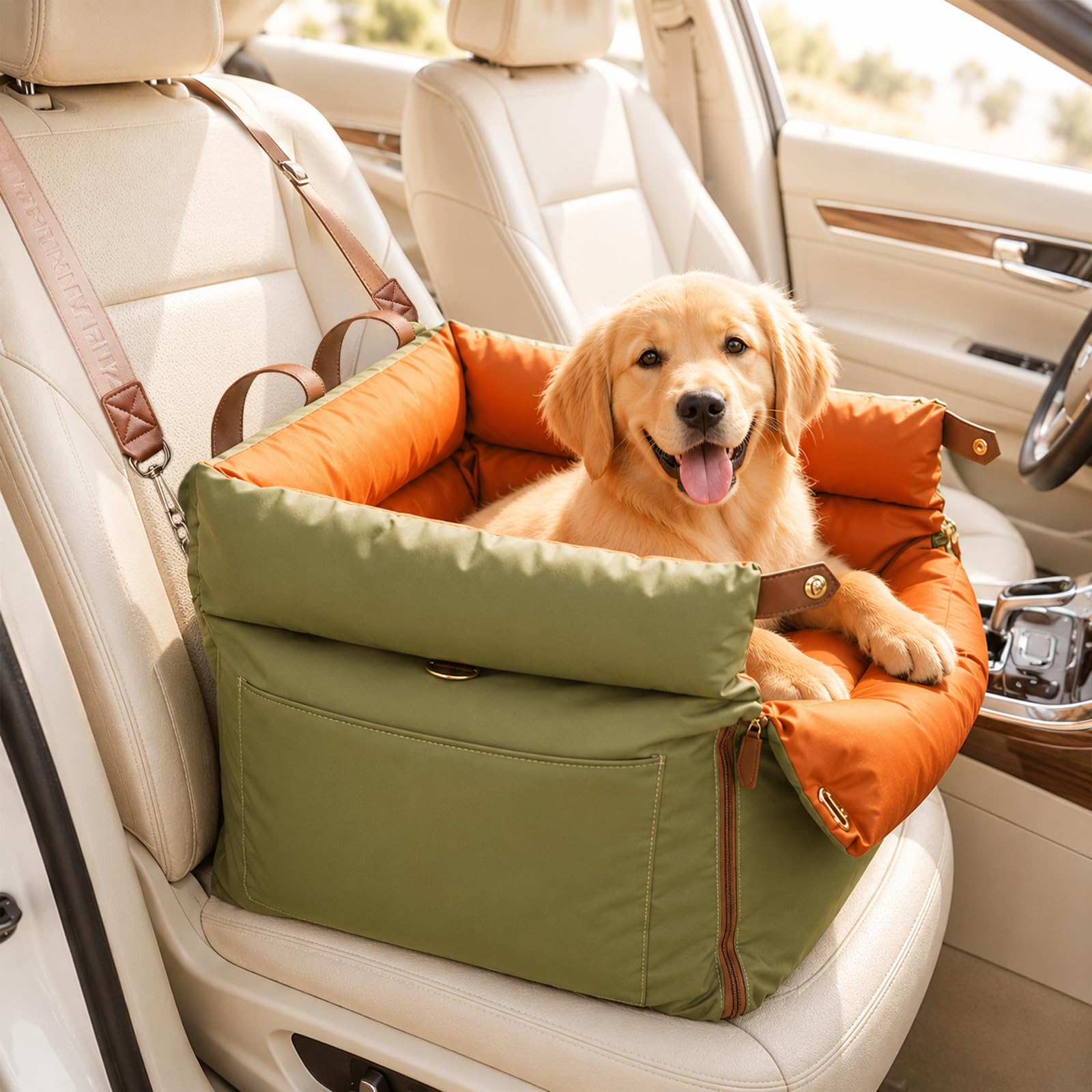 Dog Car Seat for Small Medium Dogs, Luxury Waterproof Leather Pet Booster Seat for Small & Medium Pets up to 35lbs Travel Dog Car Bed with Safety Lead, Front or Back Seat Use