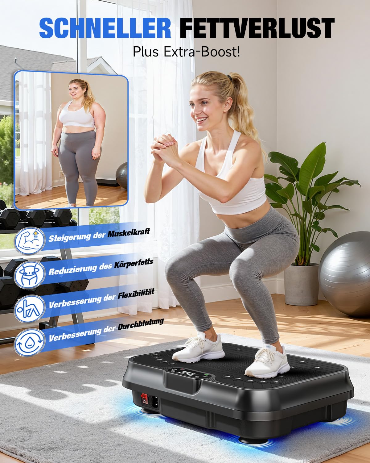 HomeFitnessCode Mini Vibrationsplatte für Frauen - Vibrationsgerät mit 250 Intensitätsstufen + 9 Vorprogramm Vibrationstrainer Zuhause für Abnahme Muskelaufbau Ganzkörpertraining