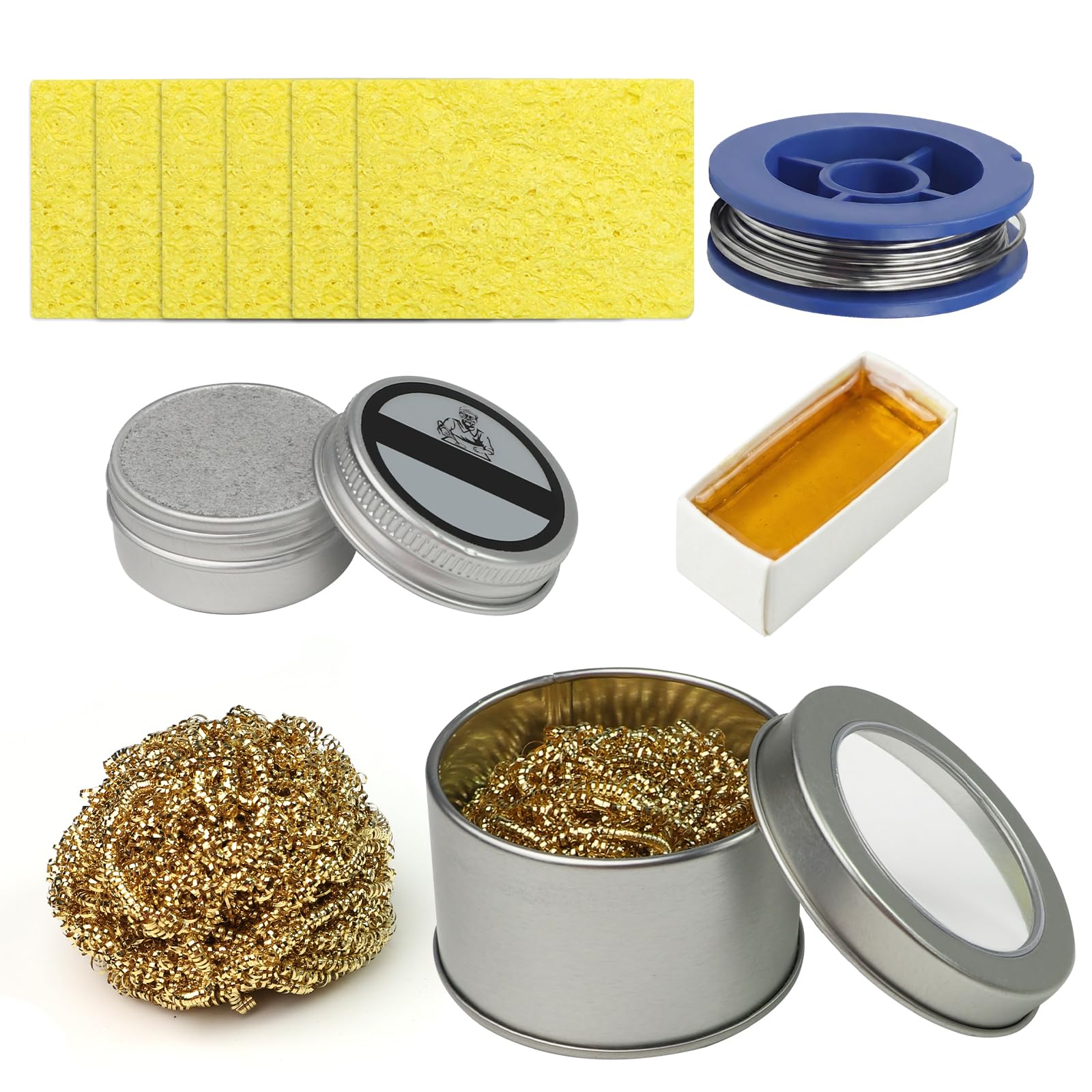 Solder Tip Cleaner 5-in-1 Kit - 16G Lead Free Flux Paste, 6 Sponges, Rosin, Solder Wire and Brass Cleaner for Electronics Repair Low Melting Point for Mobile Phone Computer Circuit Board Maintenance