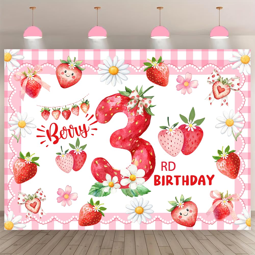 3rd Birthday Decorations for Girls，Strawberry 3rd Birthday Decorations Girl Three is so Sweet Party Pink 3rd Birthday Party Supplies Decorations Backdrop。