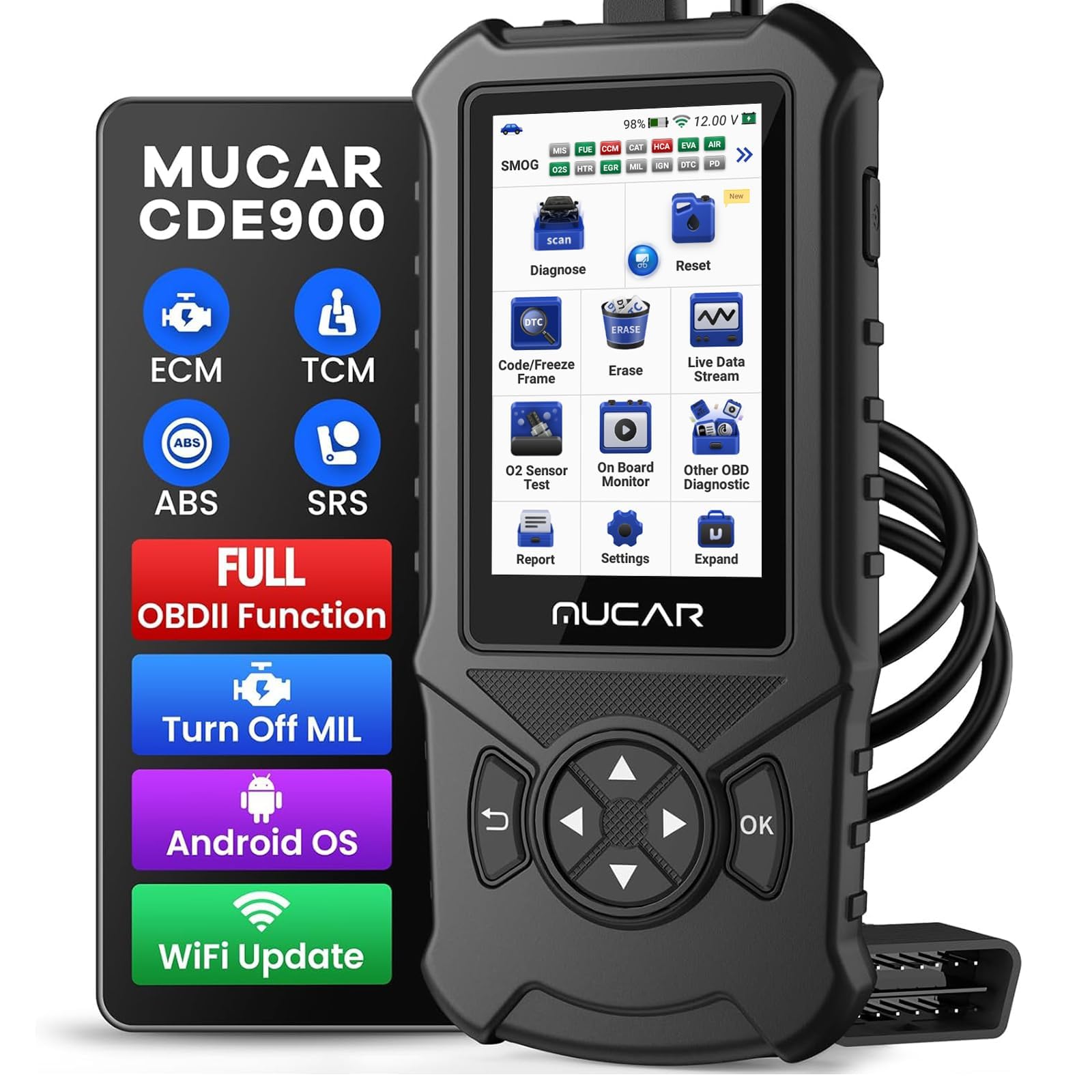 mucar CDE900 2+32G OBD2 Scanner Universal OBD II Code Reader, Extra Subscribe ECM+TCM+ABS+SRS 4 Systems and 28 Reset Car Diagnostic Tool Engine Code Reader