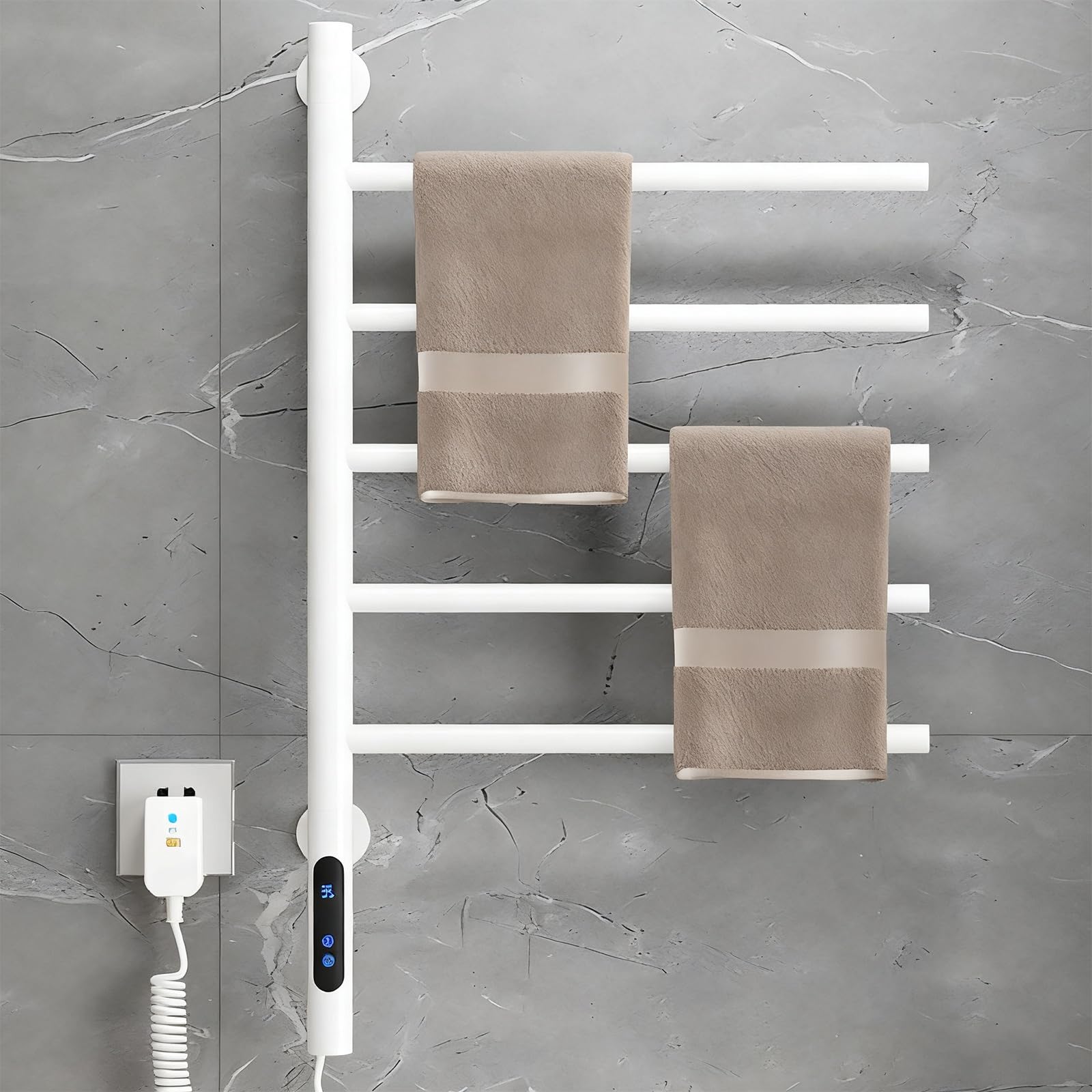 Sèche-serviettes électrique 5 barres pivotant 180° acier inox avec écran LCD mural