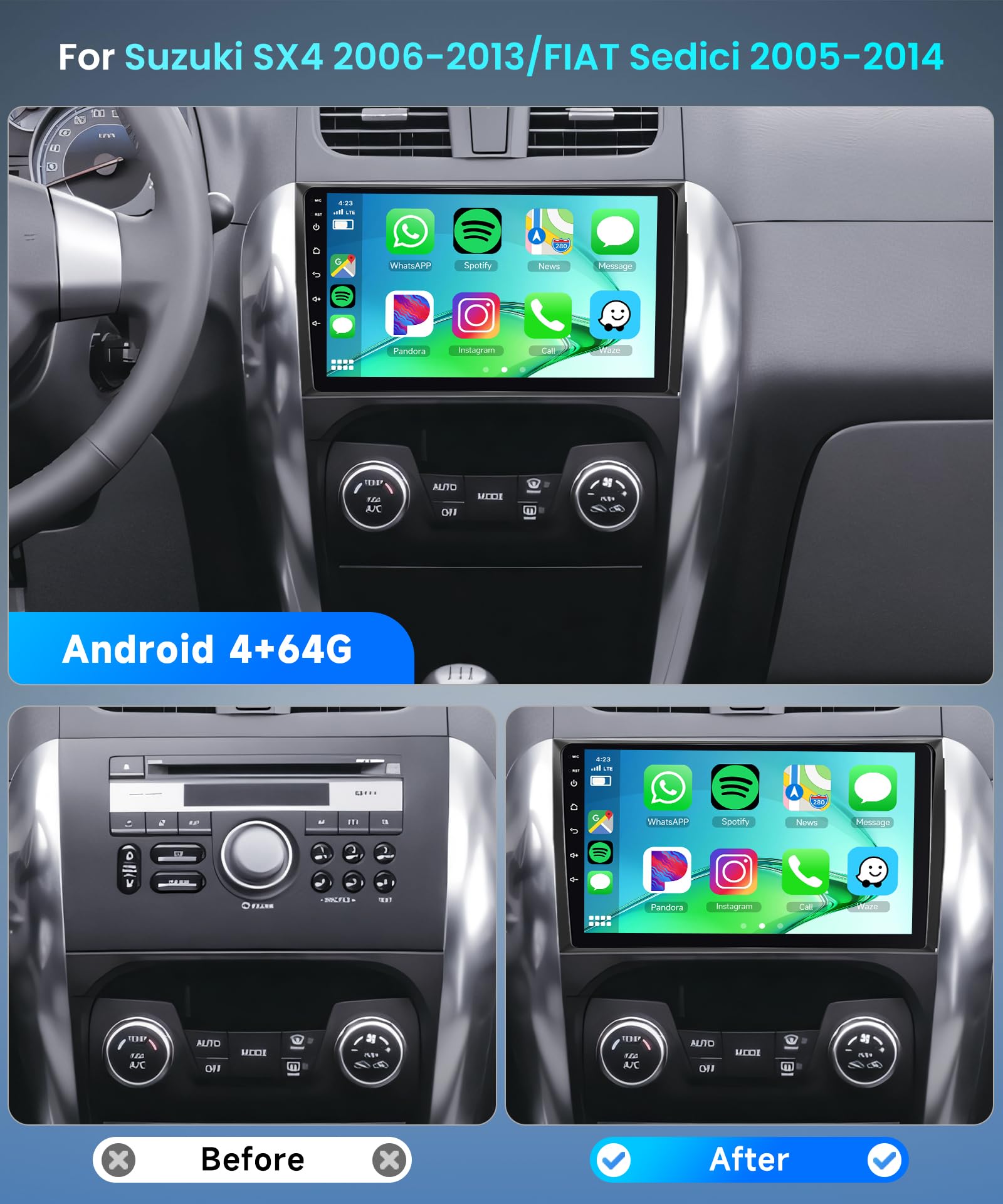 4+64G Android Autoradio per Suzuki SX4 2006-2013/FIAT Sedici 2005-2014 9 Pollici Senza Fili Carplay Autoradio con Android Auto Navi GPS Mirror Link Bluetooth WiFi/FM/RDS/EQ/SWC Telecamera Posteriore