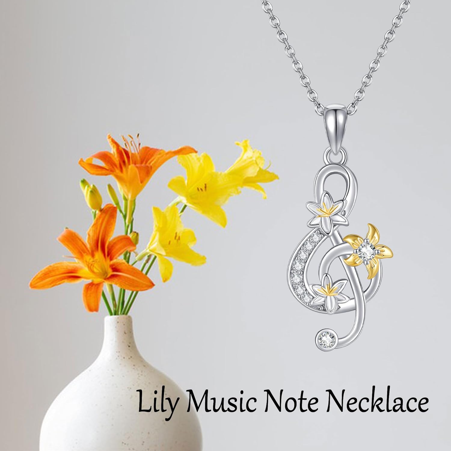 URONE Lily Flower Necklace Sterling Silver Lily Music Note Pendant Singing Necklace Jewelry Gifts for Women - Image 6