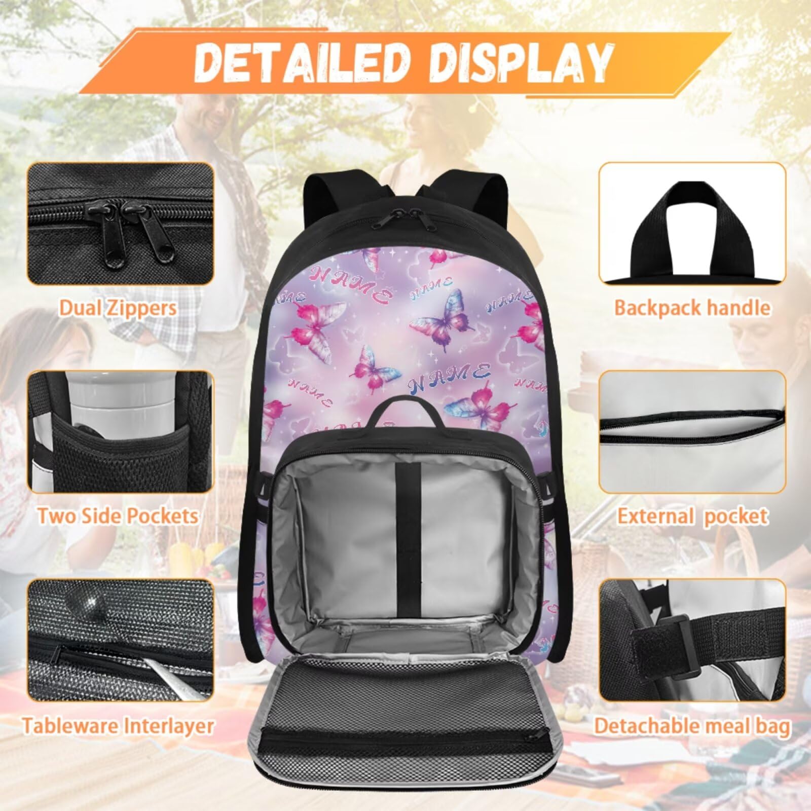 Mochila personalizada para niños con nombre, bolsa de libros y fiambrera para niñas de 8 a 10 mochilas personalizadas, Nombre Mariposa, M, Casual