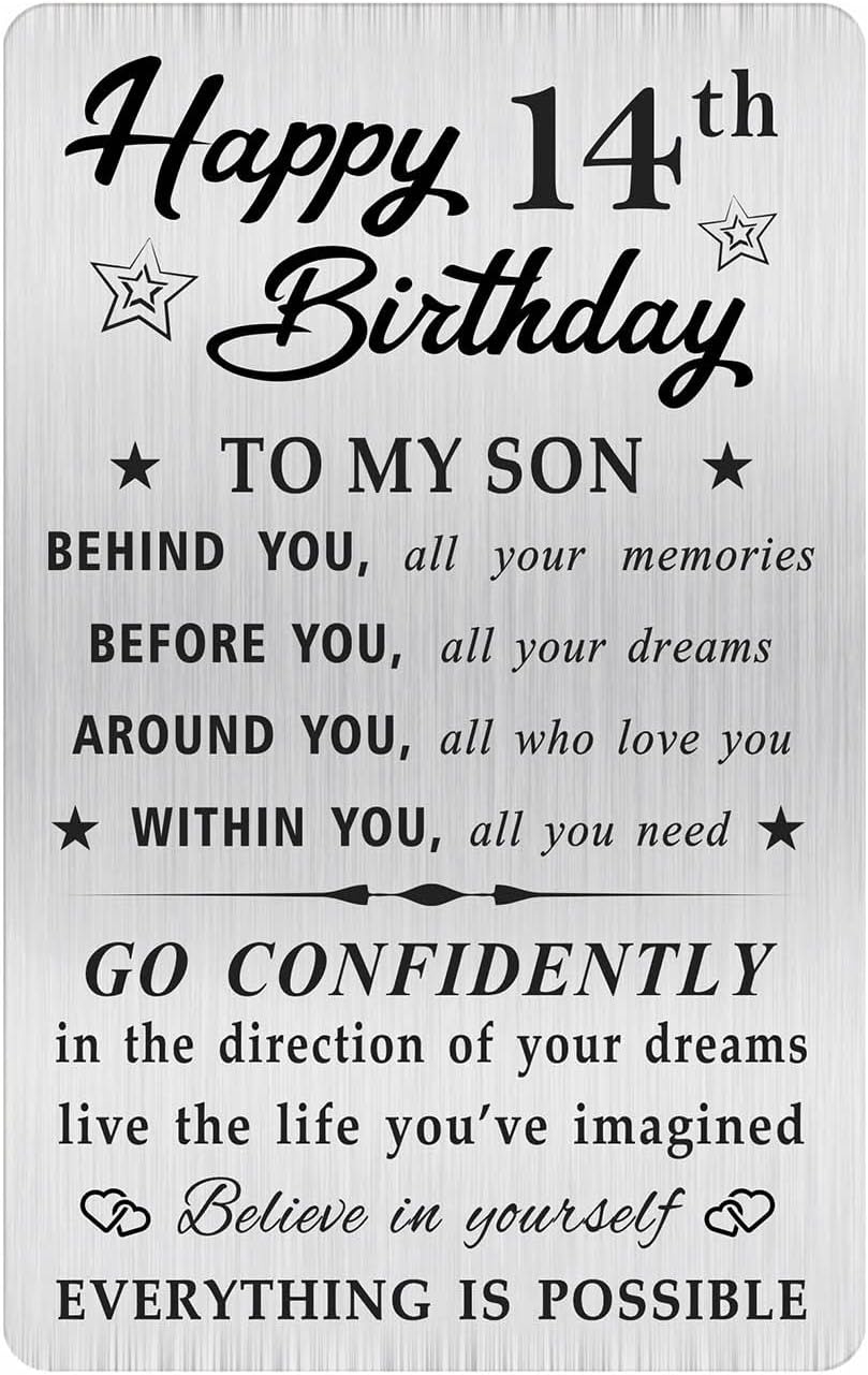 MOQIYXL 14th Birthday Card for Son, 14 Year Old Gifts for Son Engraved Wallet Card