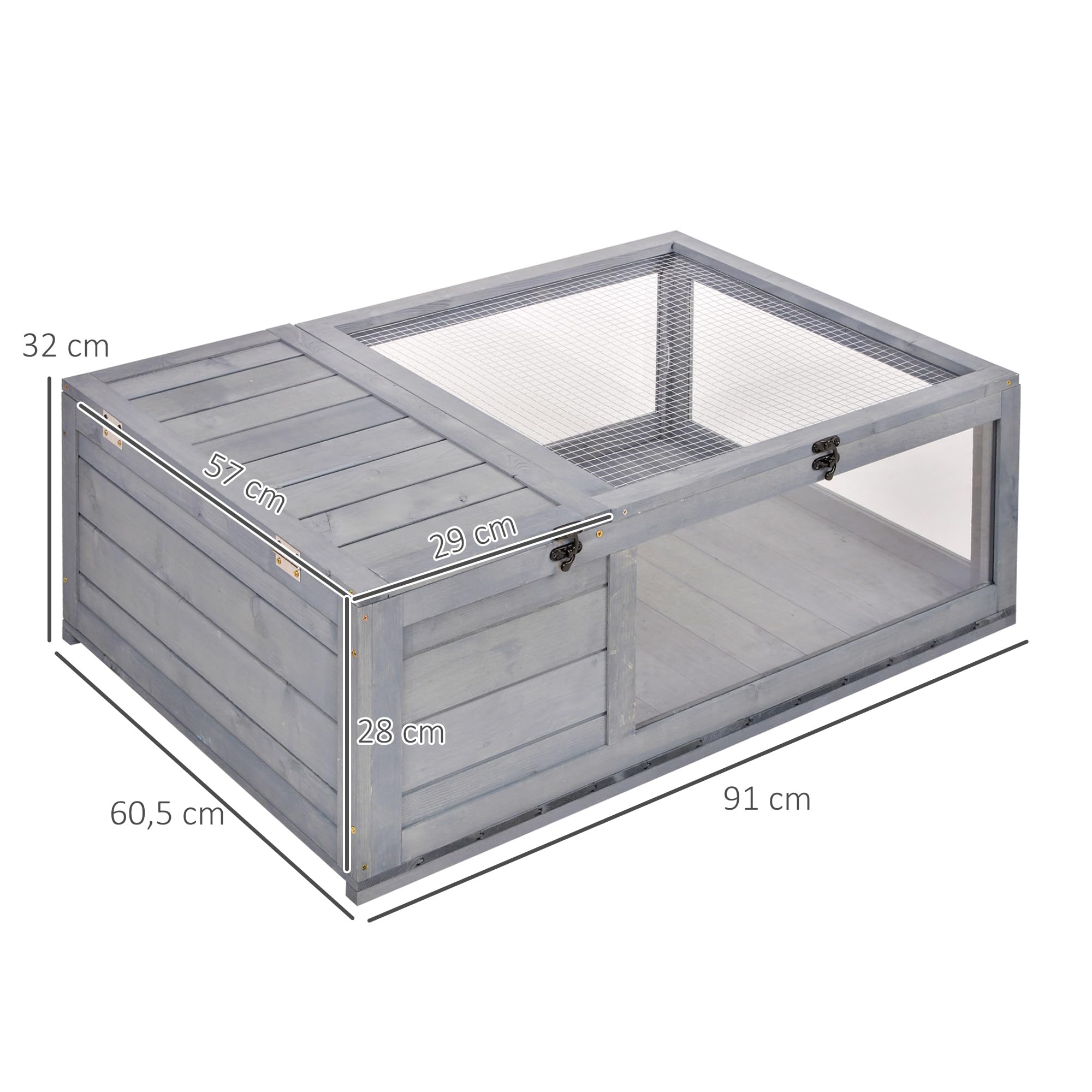PawHut Casa para Tortugas de Madera, Terrario para Reptiles con Techo de Malla, Paneles Laterales Transparentes Extraíbles y Pestillo de Seguridad, Caseta para Tortugas, 91x60,5x32 cm, Gris