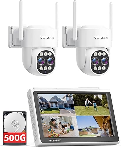 Cámara de seguridad inalámbrica para exteriores con monitor, 2 cámaras PTZ de doble lente 10X con zoom híbrido para vigilancia del hogar, visión