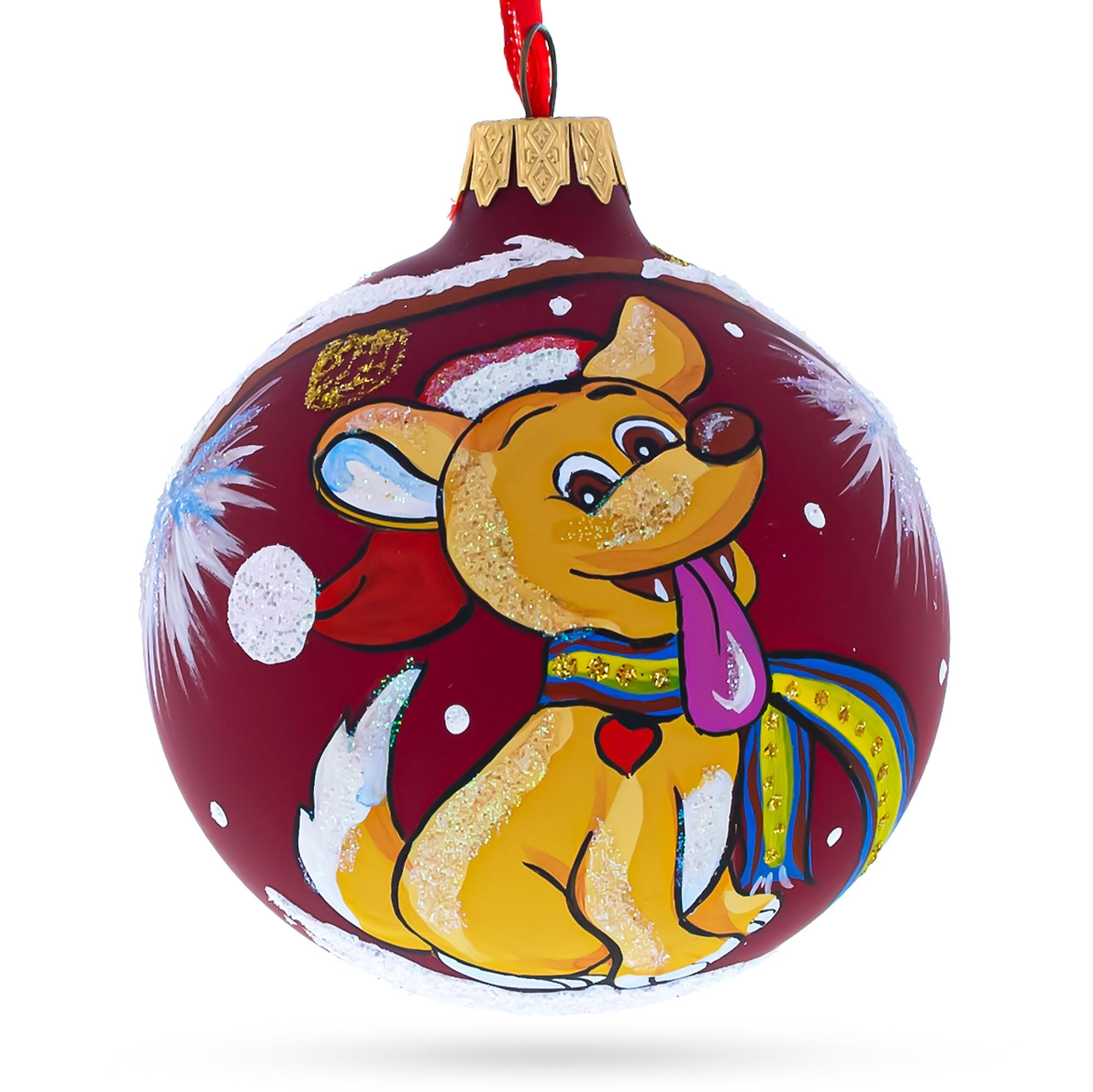 Boule en verre de Noël chien au coin du feu pour votre sapin festif