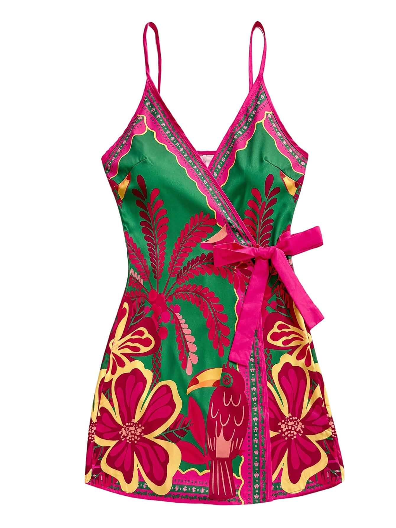 SOLY HUX Women's Summer Tropical Print Wrap V Neck Bow Tie Mini Dress Hawaiian Dresses, Vacation Outfit, Beach Dresses, Resort Wear