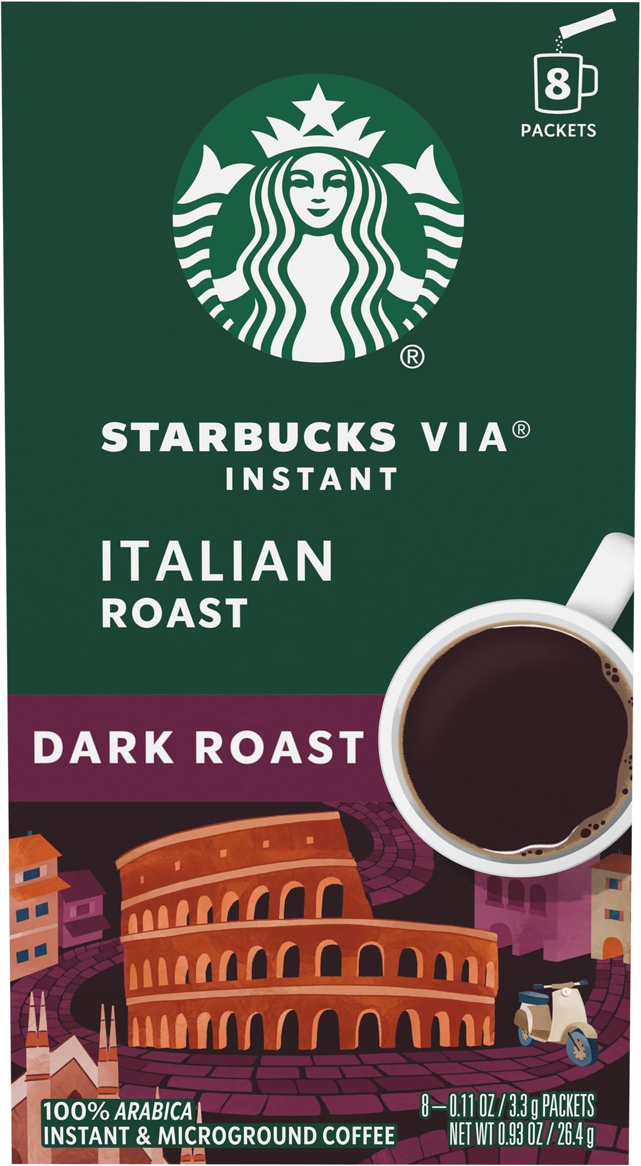 VIA Instant Coffee Dark Roast Packets - - 100% Arabica - 1 box (8 packets) Italian Roast 0.93 Ounce