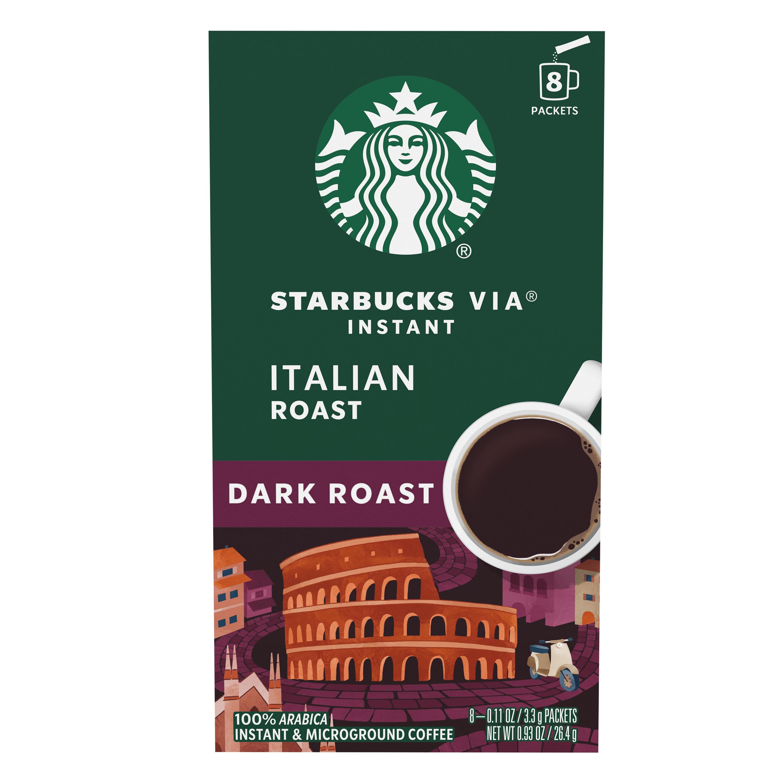 Starbucks VIA Instant Coffee Dark Roast Packets - - 100% Arabica - 1 box (8 packets) Italian Roast 0.93 Ounce