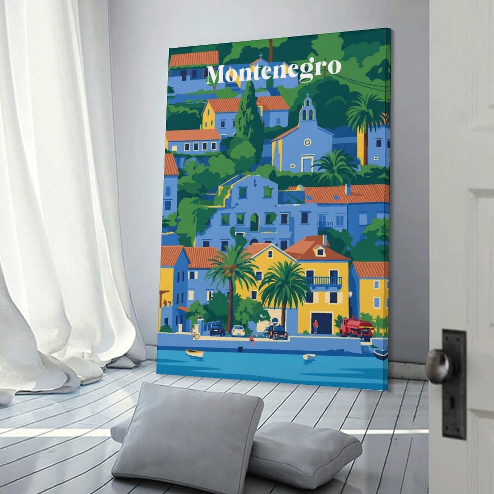 Junmoney Frame-Style-20 Hanging Wall Art Montenegro Coastal Town, 20X30inch(50X75cm), For Entryway, Lounge Links Or Small Walls, A Neat Decor Update For Hallways