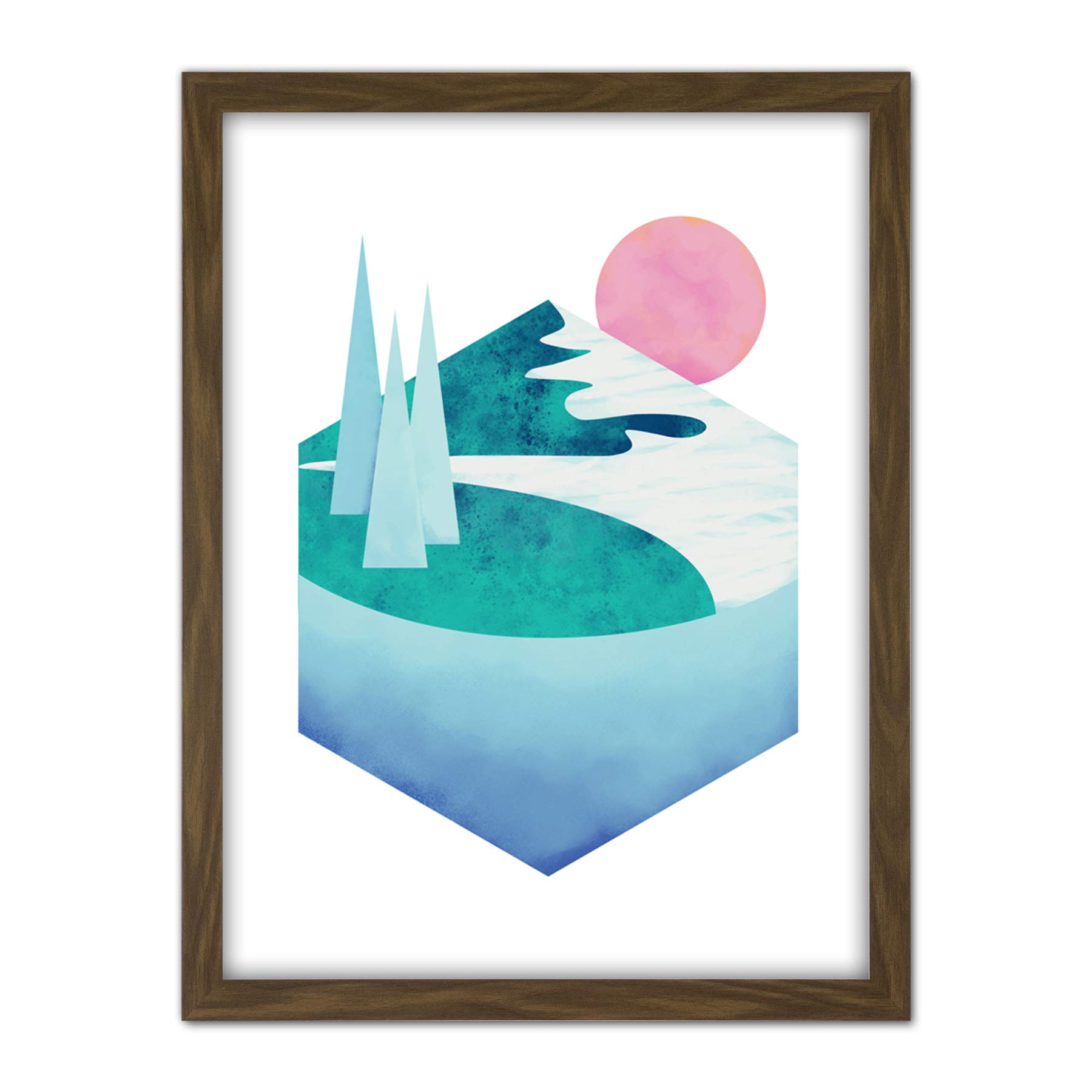 Wee Blue Coo Minimalist Mountains Lake Sunset Artwork Framed Wall Art Print 18X24 Inch