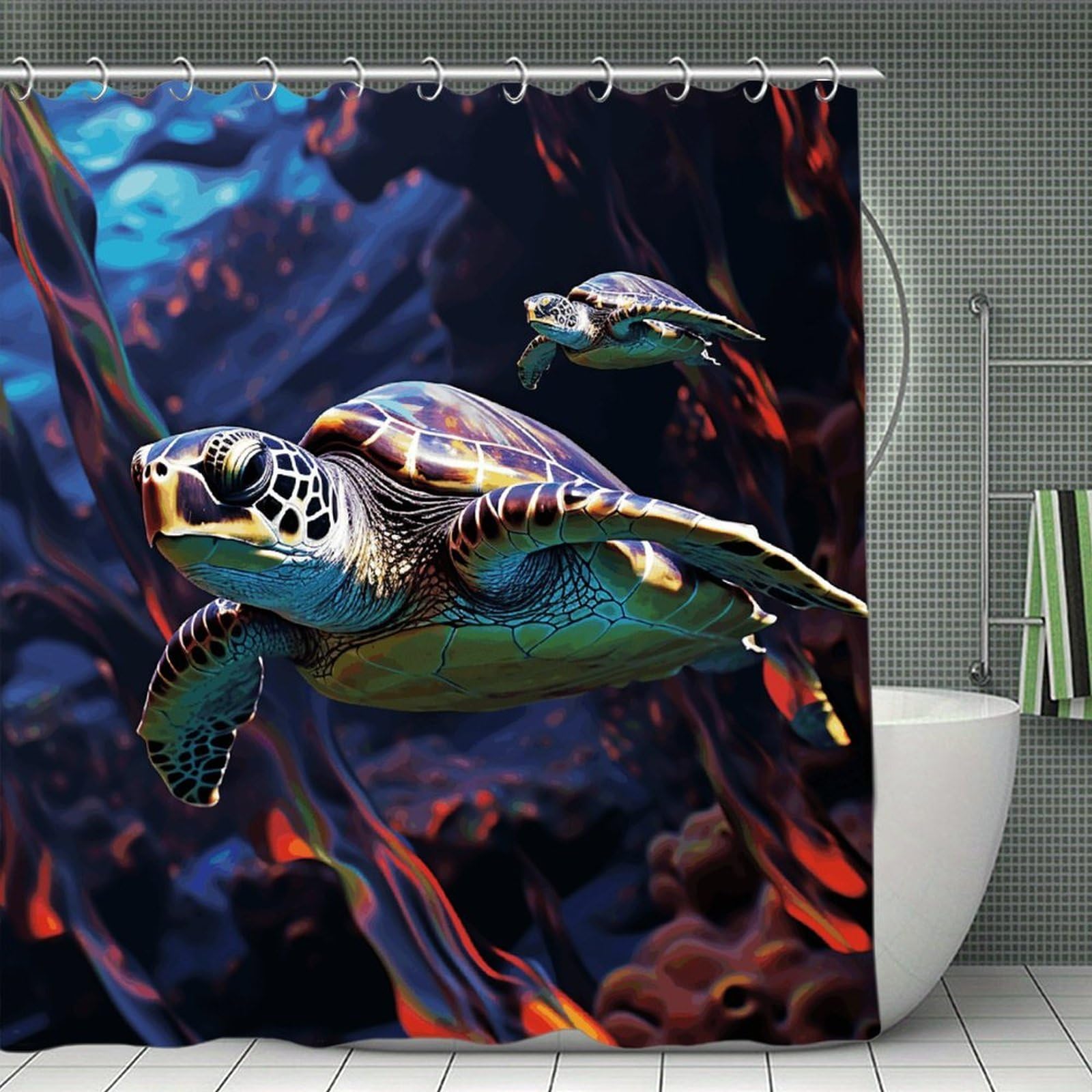 VstaDank A Colorful Tropical Sea Turtle Shower Curtain 71x71 Heavy Duty Polyester Cloth Bath Curtain with Hooks Thick Waterproof Shower Liner Fun Magic Decorative Bathroom Curtains for Bathtub