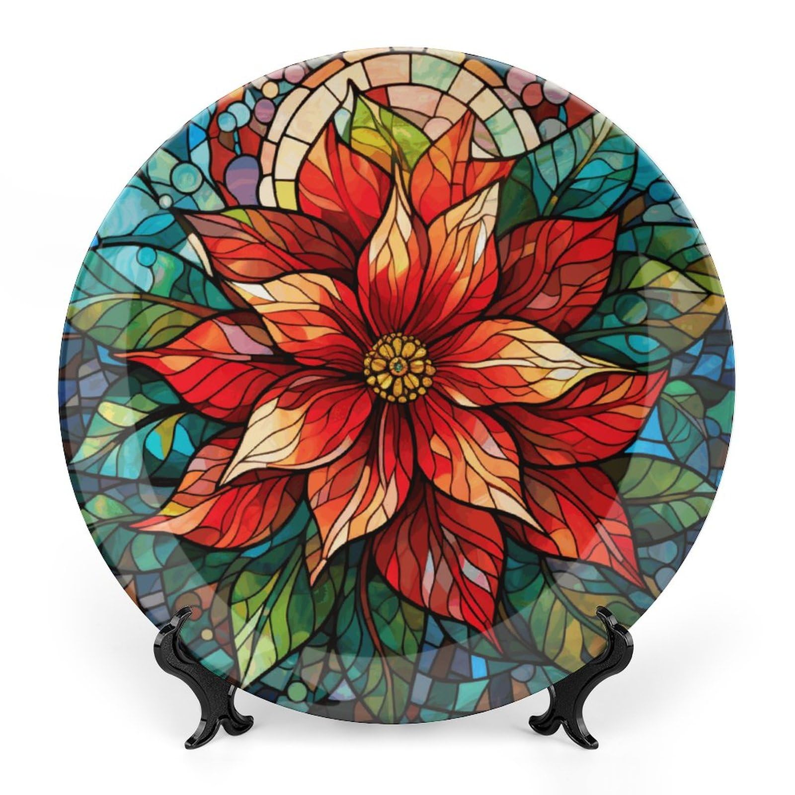Christmas Decorative Plates for Home Party, Christmas Flower Poinsettias Decor Tray for Table Display, Blue & Red Stained Glass Painting Ceramic Plate